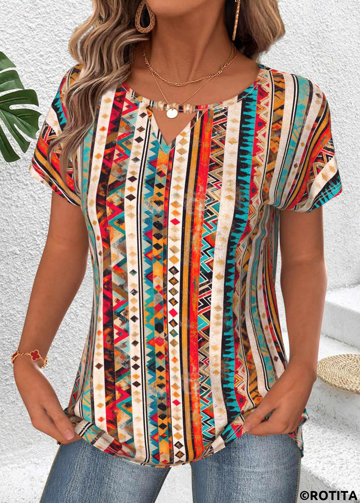 Multi Color tops,Tribal tops,ROTITA Tummy Coverage Tribal Print Multi Color T Shirt