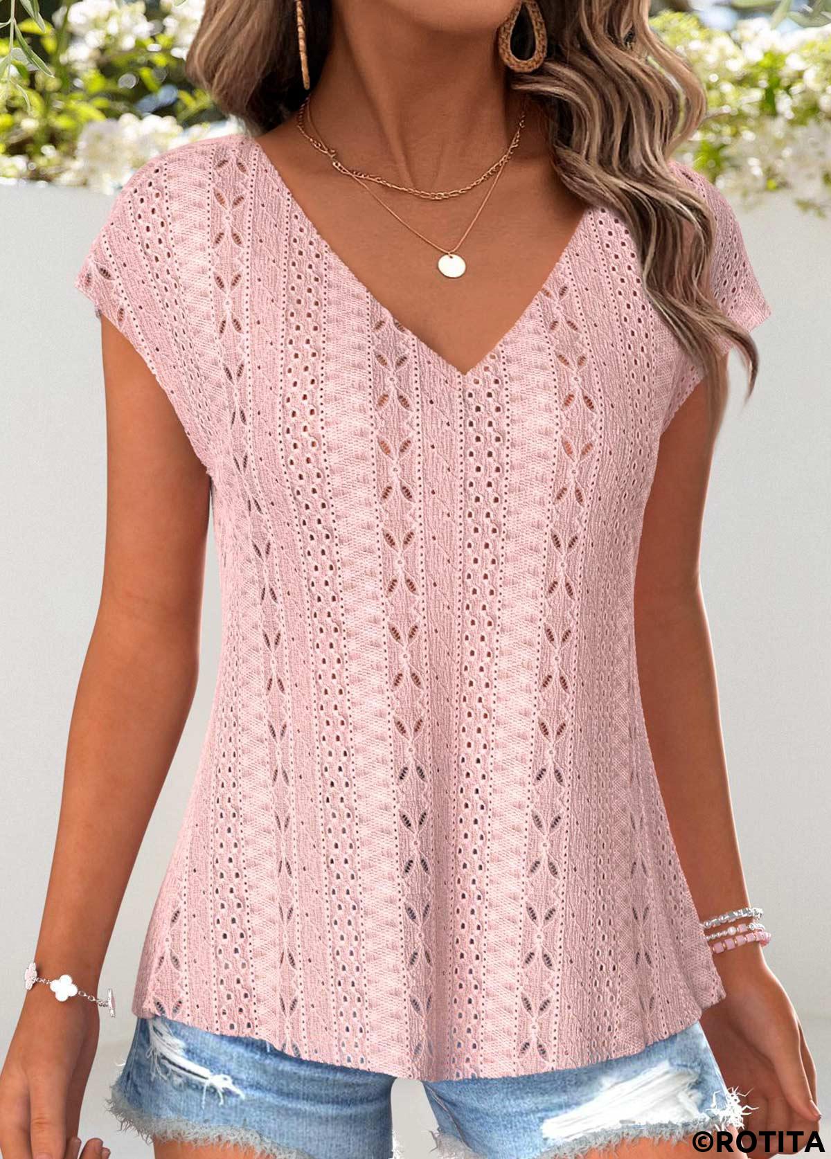 Light Pink tops,Plain Color tops,ROTITA Tummy Coverage Light Pink V Neck T Shirt