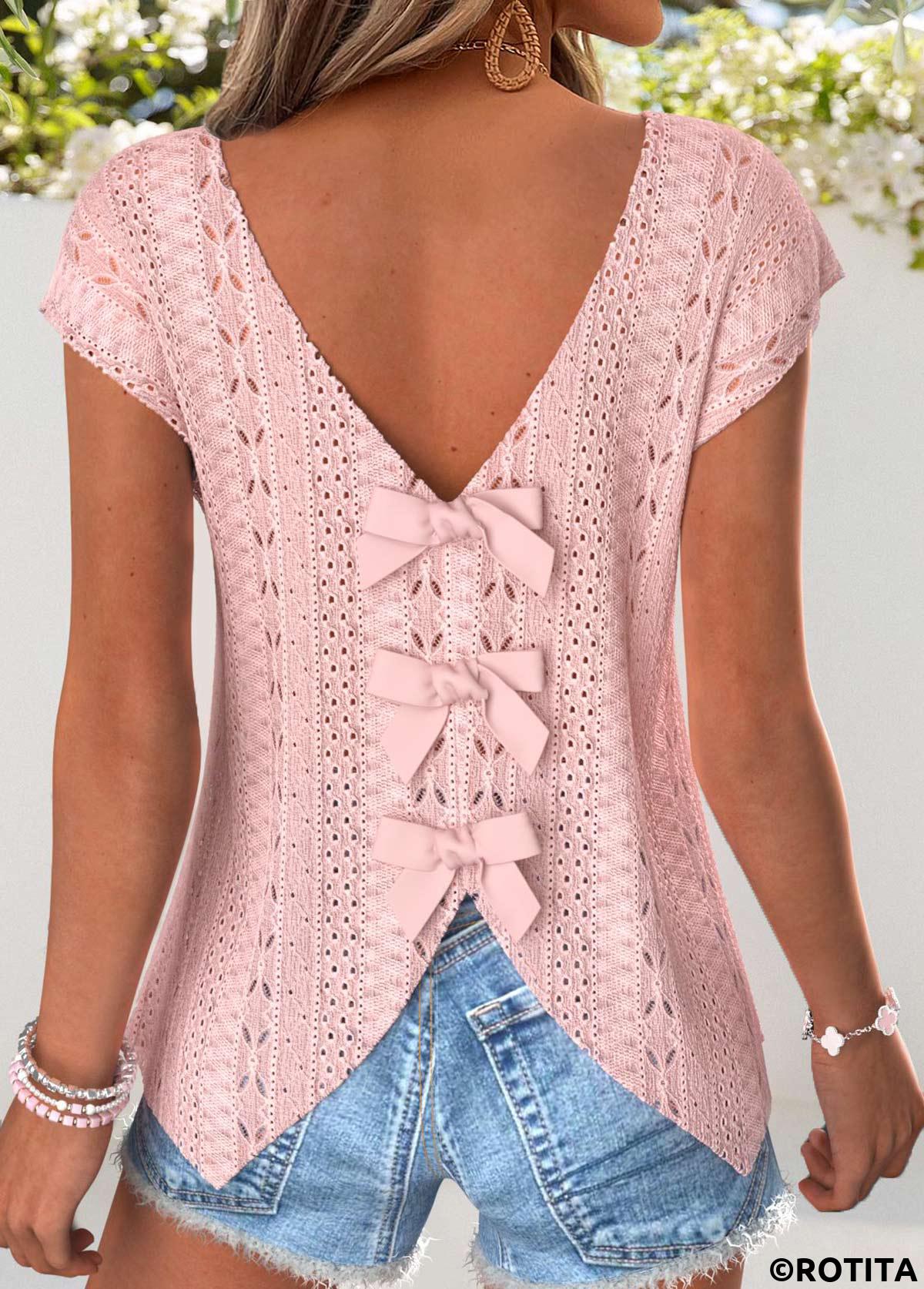 Light Pink tops,Plain Color tops,ROTITA Tummy Coverage Light Pink V Neck T Shirt