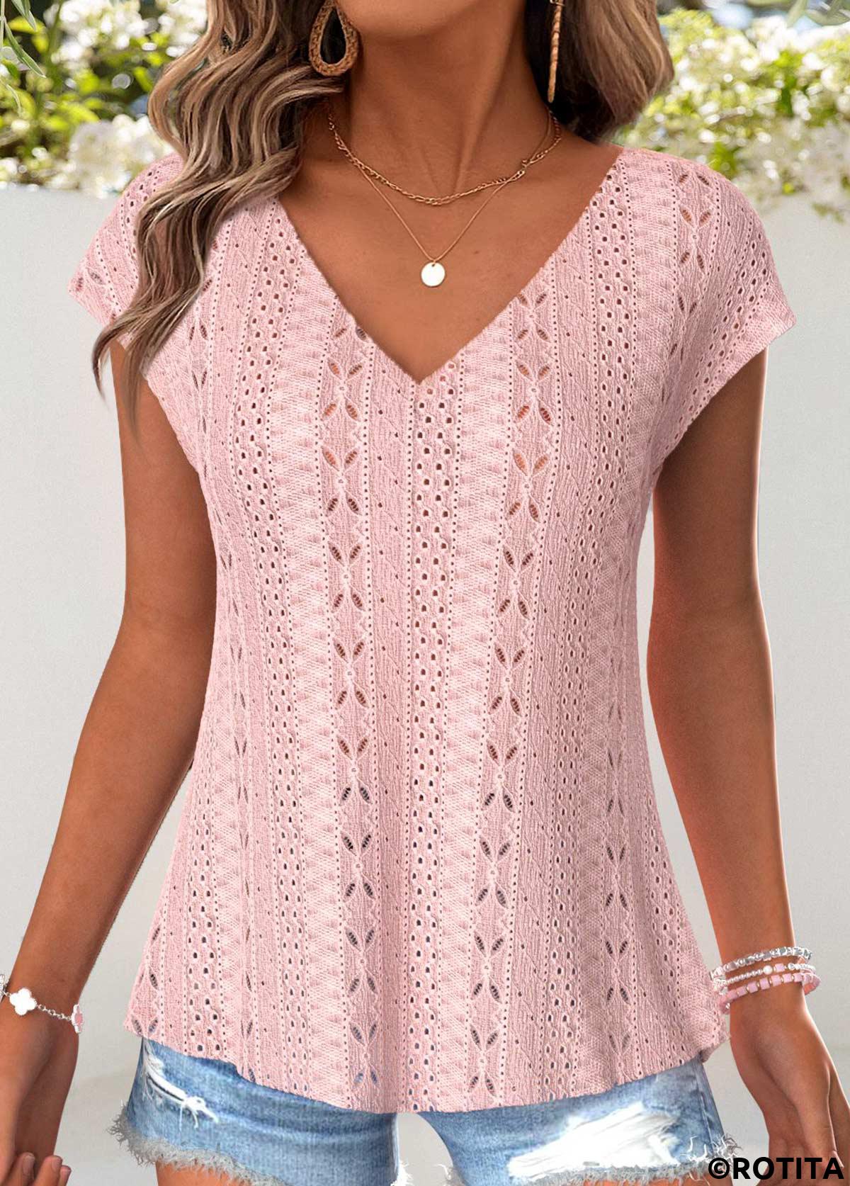 Light Pink tops,Plain Color tops,ROTITA Tummy Coverage Light Pink V Neck T Shirt