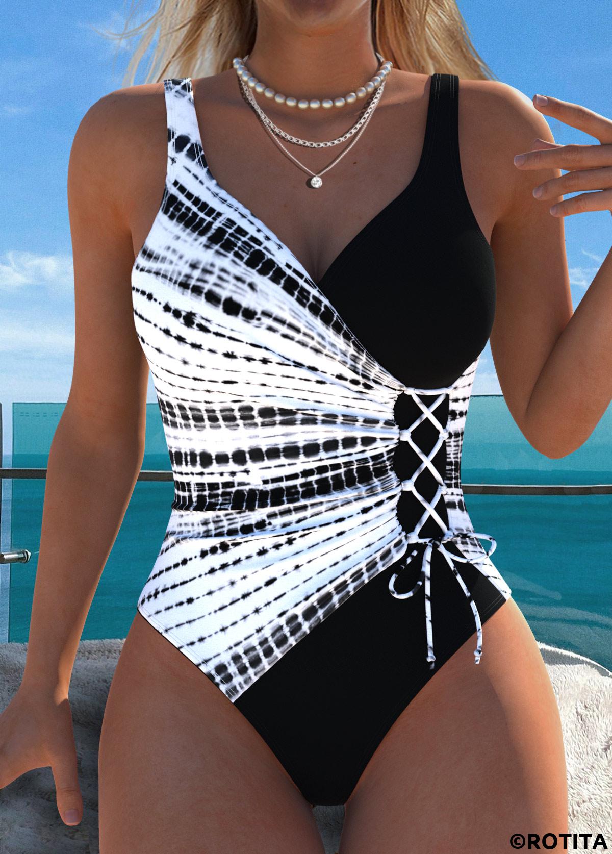 Black swimwear,White swimwear,Tie Dye swimwear,ROTITA Pull On Black Tie Dye Print One Piece Swimwear
