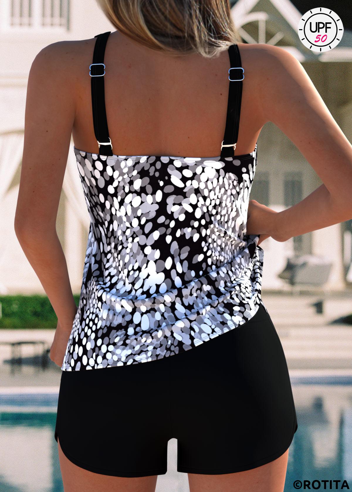 Black swimwear,Graphic swimwear,ROTITA Tummy Coverage Black Graffiti Print Mid Waisted Tankini Set