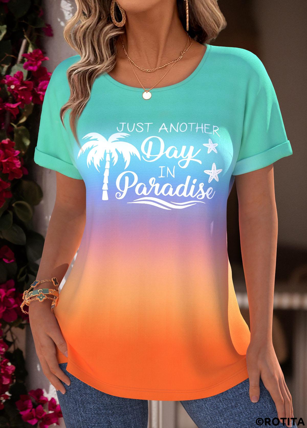 Multi Color tops,Ombre tops,ROTITA Tummy Coverage Ombre Multi Color Boat Neck T Shirt