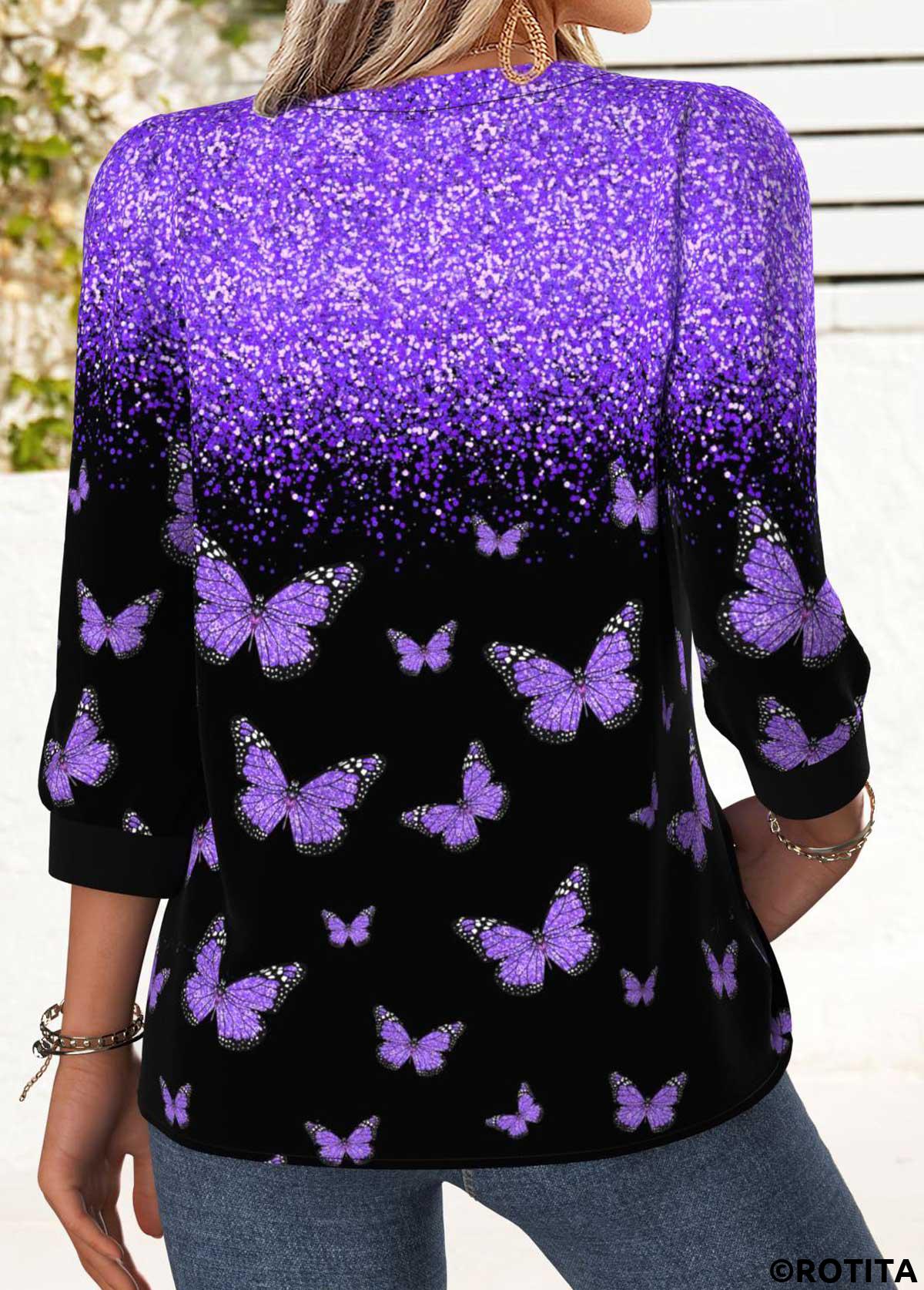 Purple tops,Animal Print tops,ROTITA Tummy Coverage Animal Print Purple Round Neck Blouse