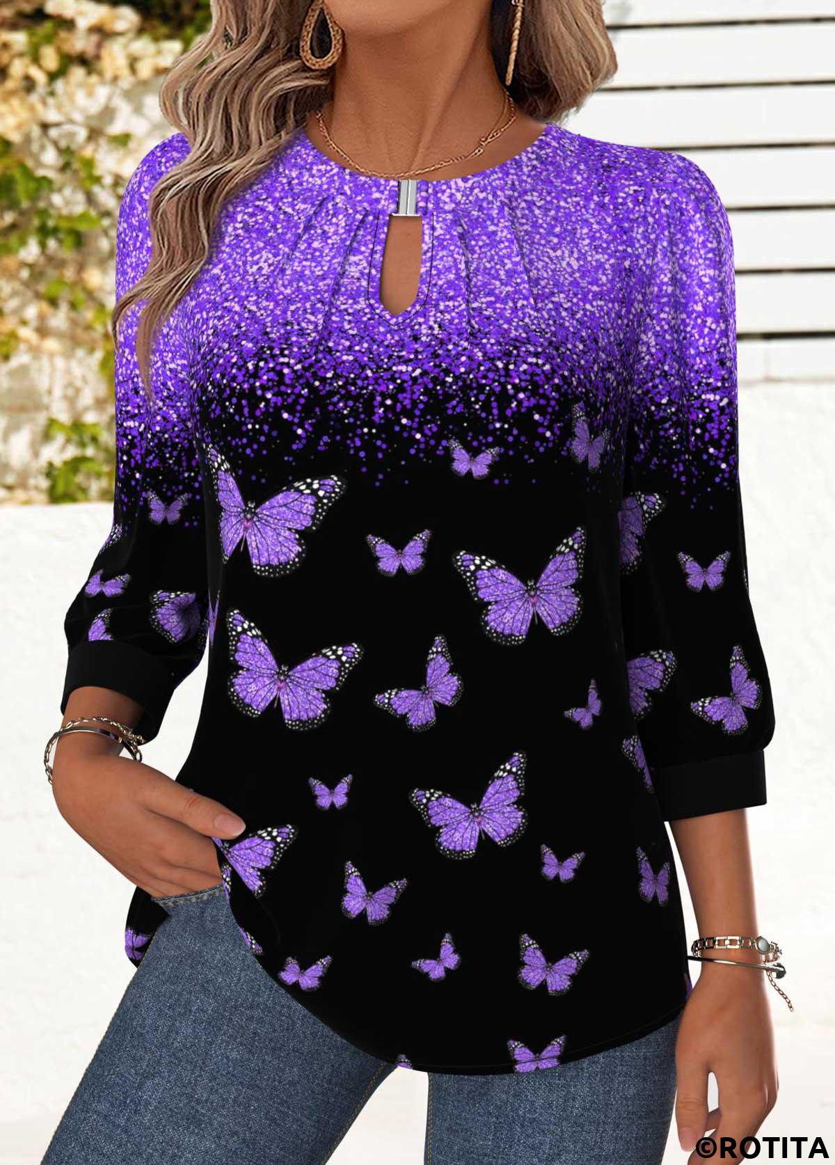 Purple tops,Animal Print tops,ROTITA Tummy Coverage Animal Print Purple Round Neck Blouse