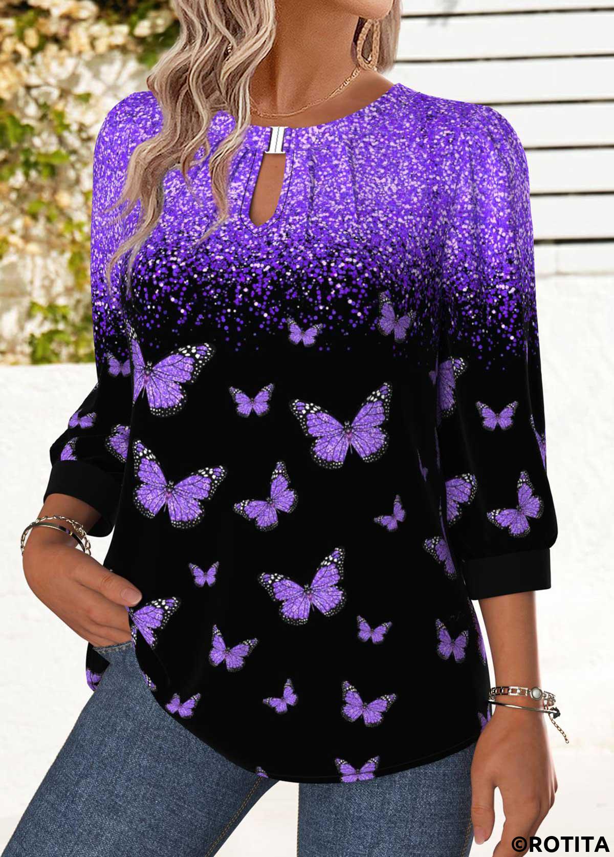 Purple tops,Animal Print tops,ROTITA Tummy Coverage Animal Print Purple Round Neck Blouse