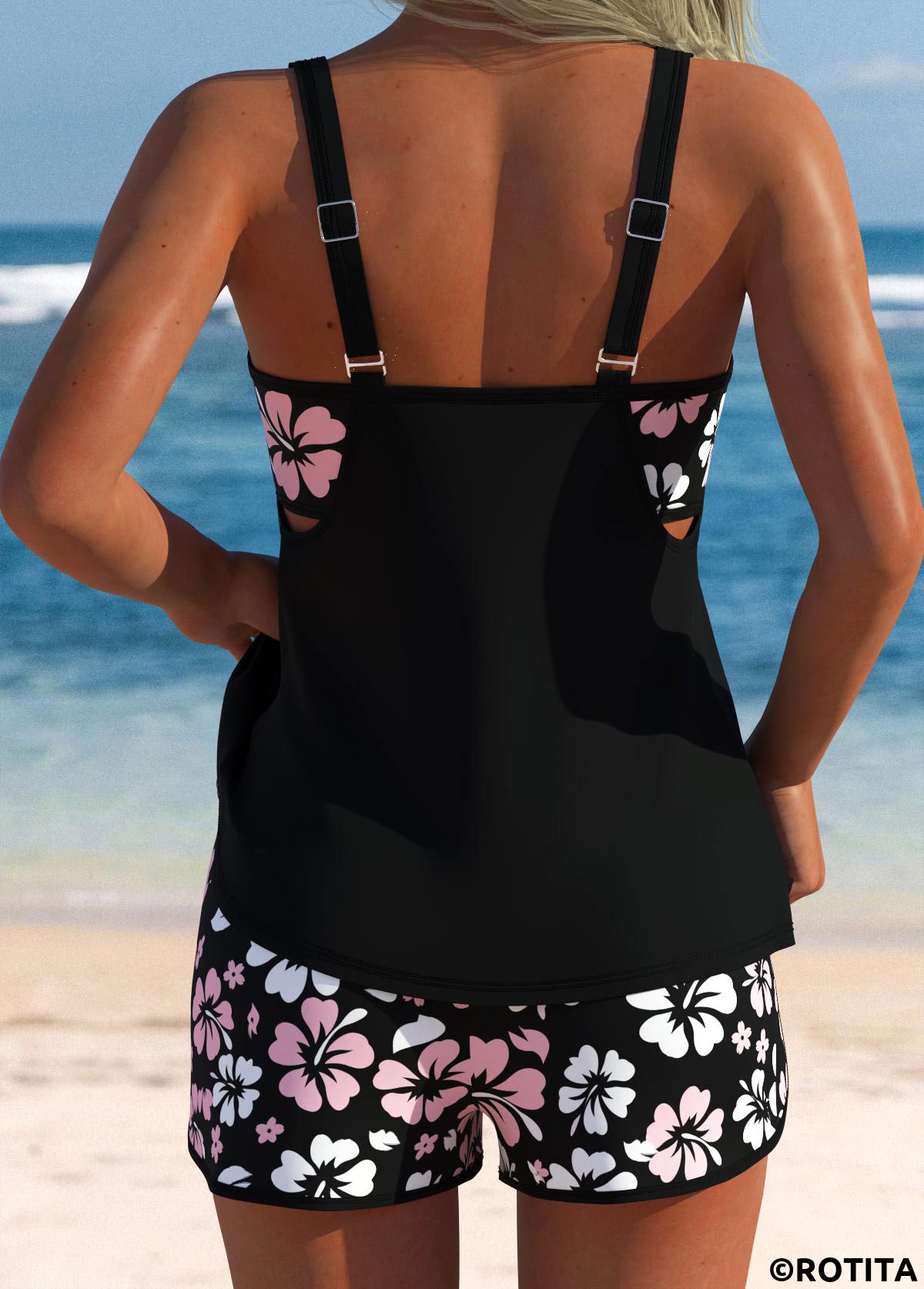 Black swimwear,Floral swimwear,Plants swimwear,ROTITA Layered Black Floral Print Mid Waisted Tankini Set