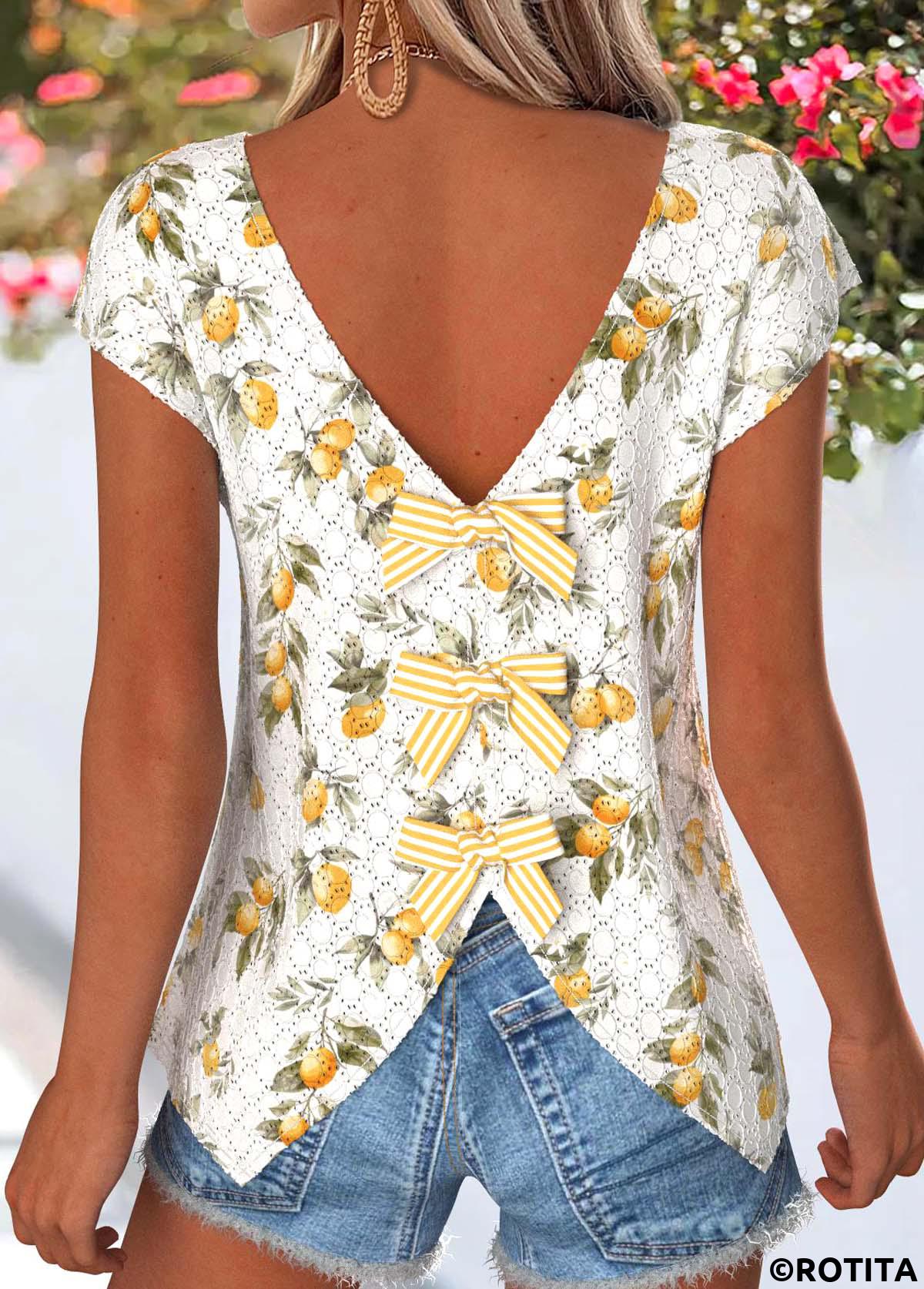 Light Yellow tops,Plants tops,ROTITA Tummy Coverage Plants Print Light Yellow T Shirt