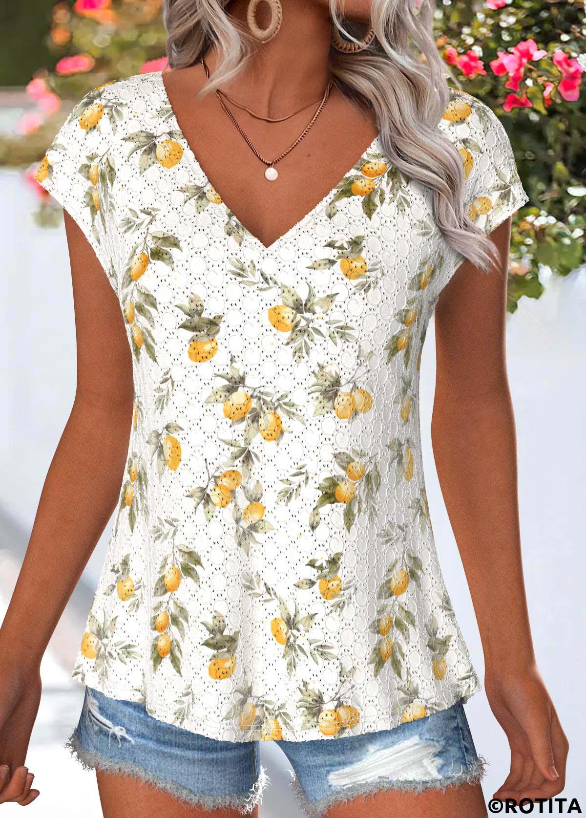 Light Yellow tops,Plants tops,ROTITA Tummy Coverage Plants Print Light Yellow T Shirt