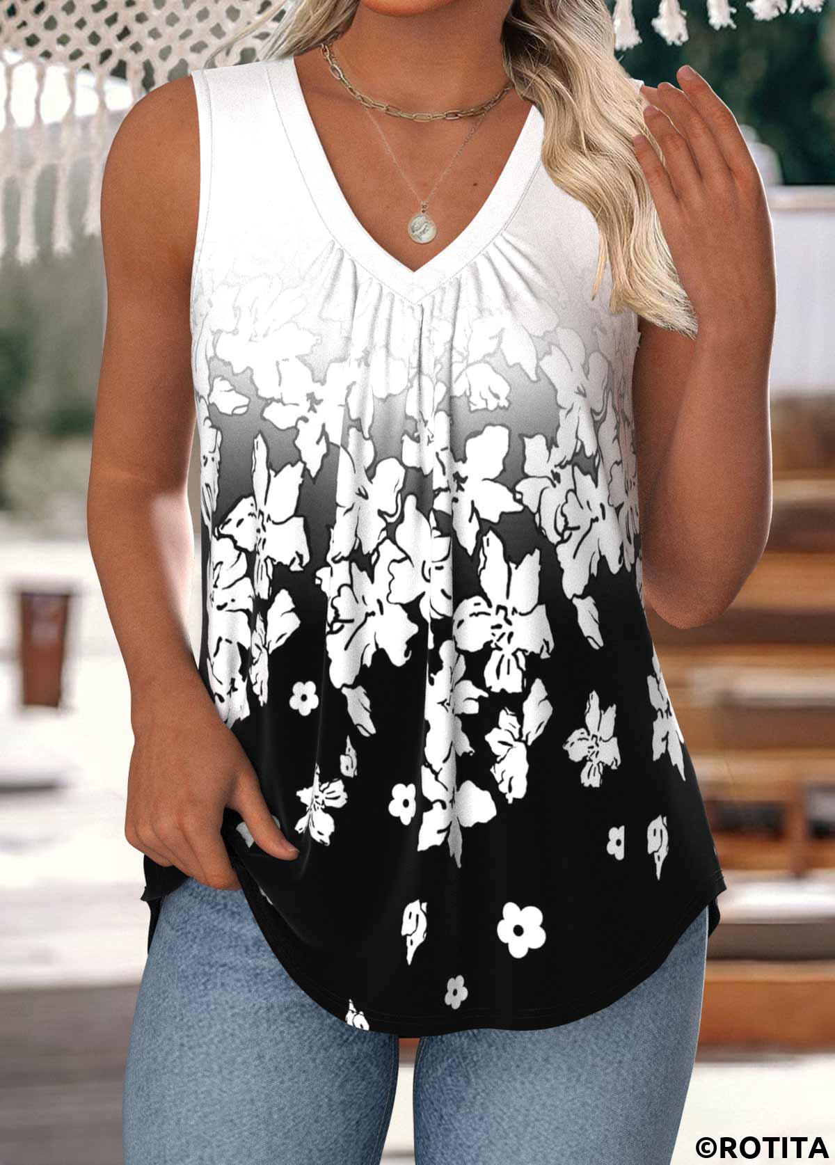 White tops,Black tops,Contrast Color tops,ROTITA Tummy Coverage White V Neck Sleeveless Tank Top