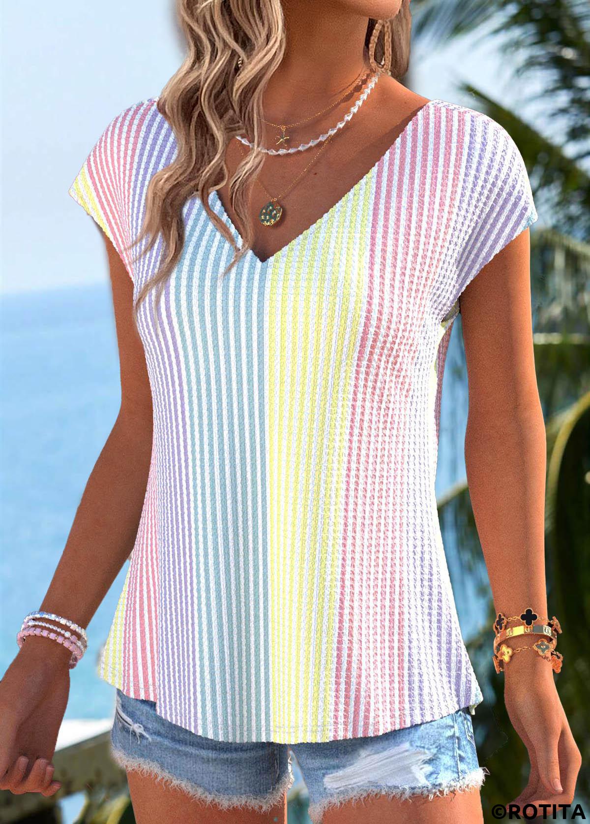 Multi Color tops,Striped tops,Geometric tops,ROTITA Bowknot Striped Multi Color V Neck T Shirt