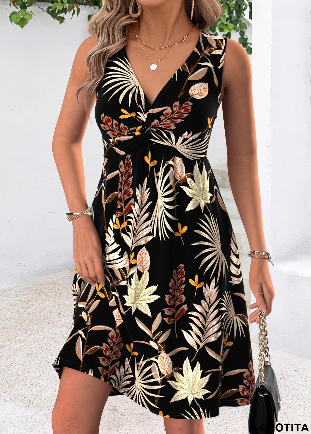 Multi Color dresses,Floral dresses,Plants dresses,Vacation dresses,Vacation dresses,ROTITA Tummy Coverage Floral Print Multi Color Short Sleeveless Dress