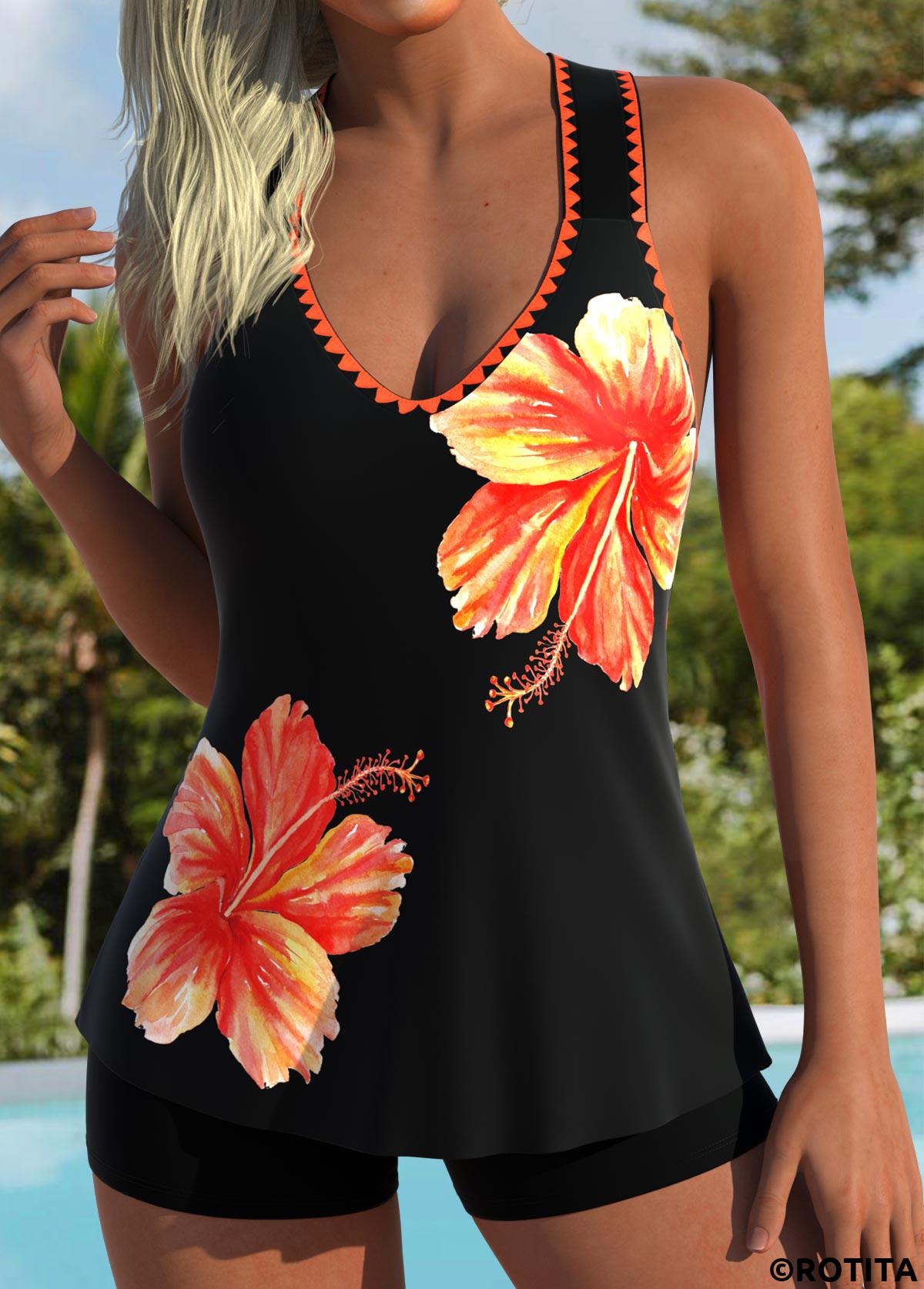 Orange swimwear,Black swimwear,Floral swimwear,Plants swimwear,ROTITA Tummy Coverage Orange Floral Print Mid Waisted Tankini Top