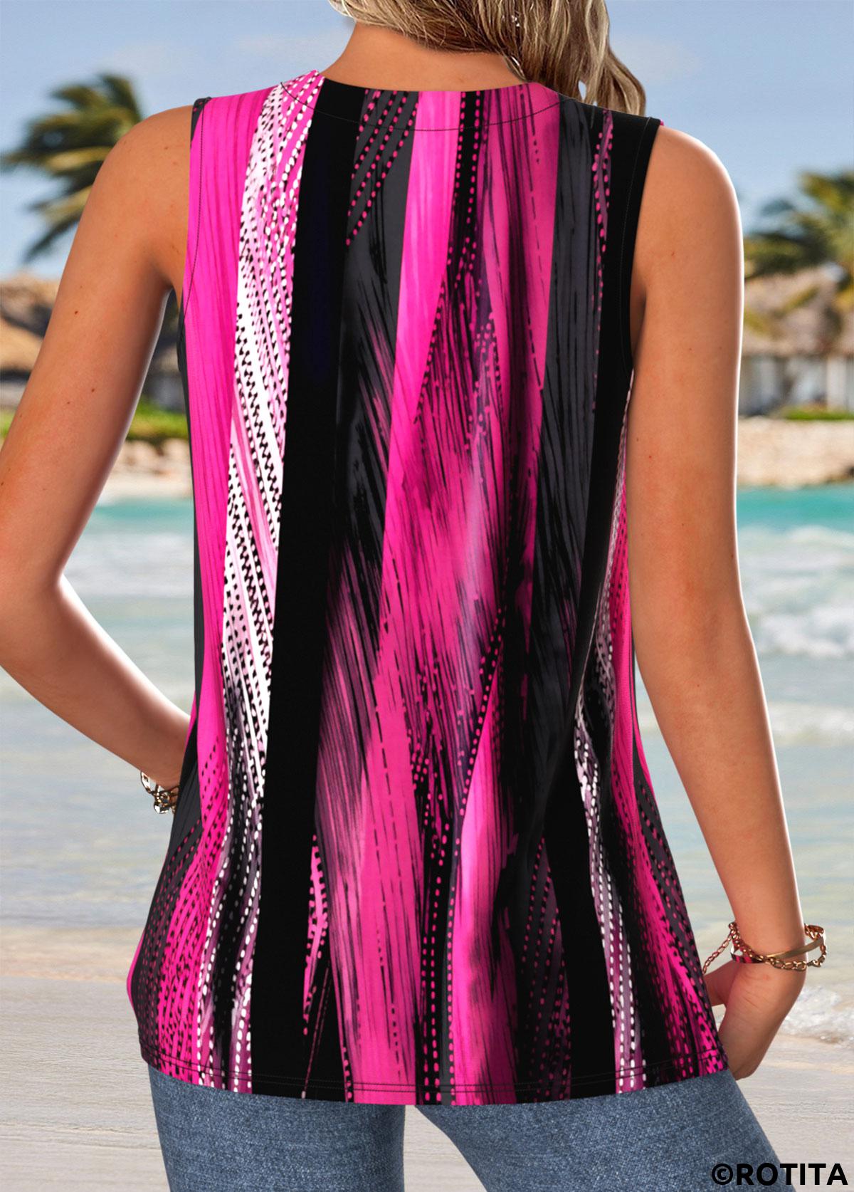 Multi Color tops,Striped tops,Geometric tops,ROTITA Striped Multi Color V Neck Sleeveless Tank Top