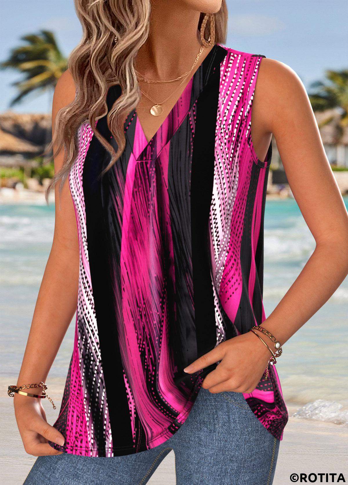 Multi Color tops,Striped tops,Geometric tops,ROTITA Striped Multi Color V Neck Sleeveless Tank Top