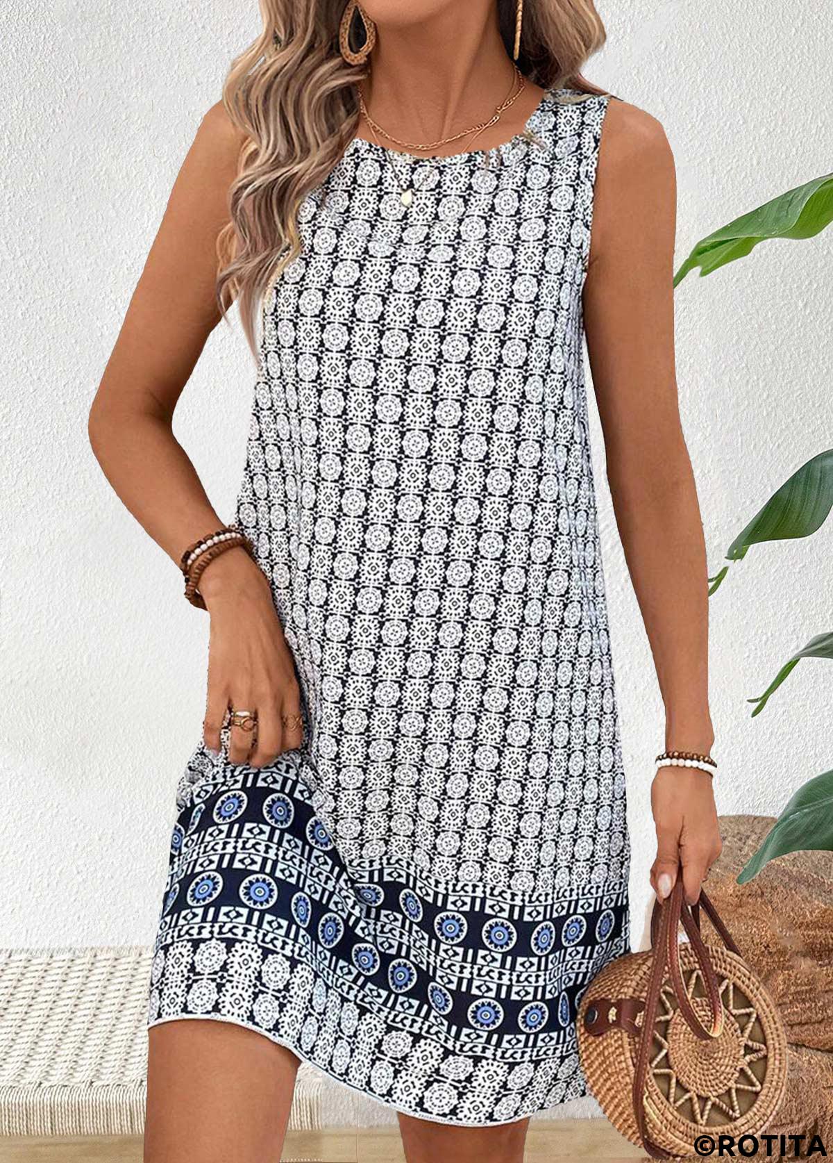 Multi Color dresses,Geometric dresses,Vacation dresses,Vacation dresses,ROTITA Tummy Coverage Geometric Print Multi Color Short Sleeveless Dress