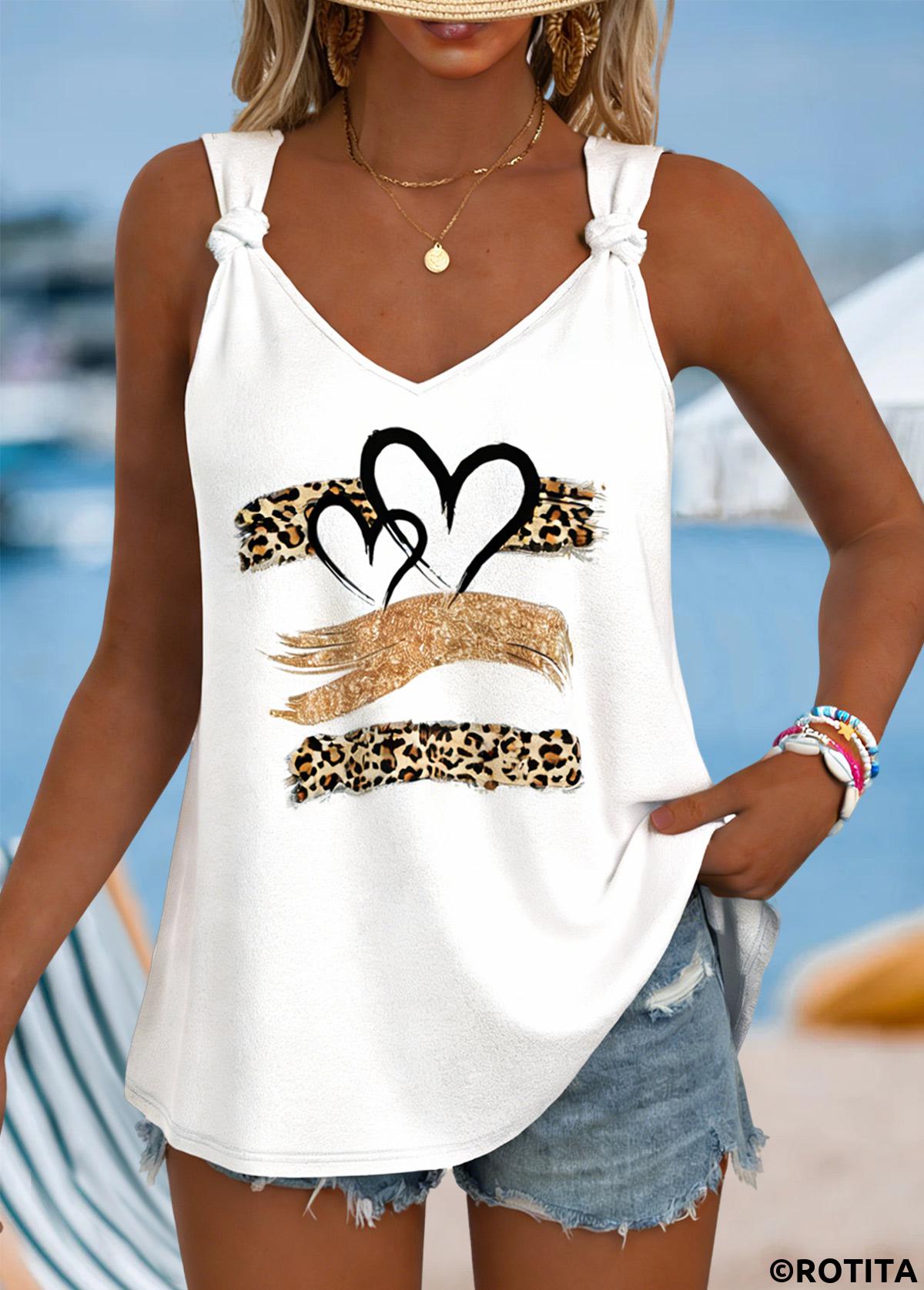 White tops,Leopard tops,Animal Print tops,ROTITA Tie Leopard White V Neck Strappy Tank Top