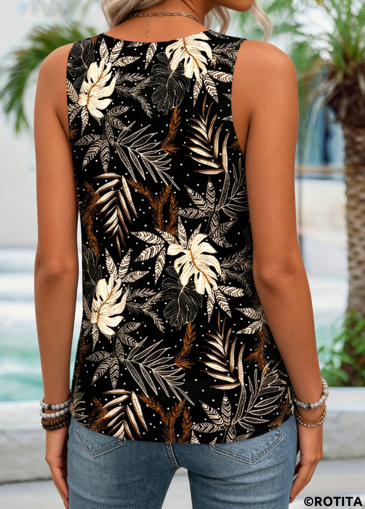 Black tops,Plants tops,ROTITA Tummy Coverage Leaf Print Black Scoop Neck Tank Top