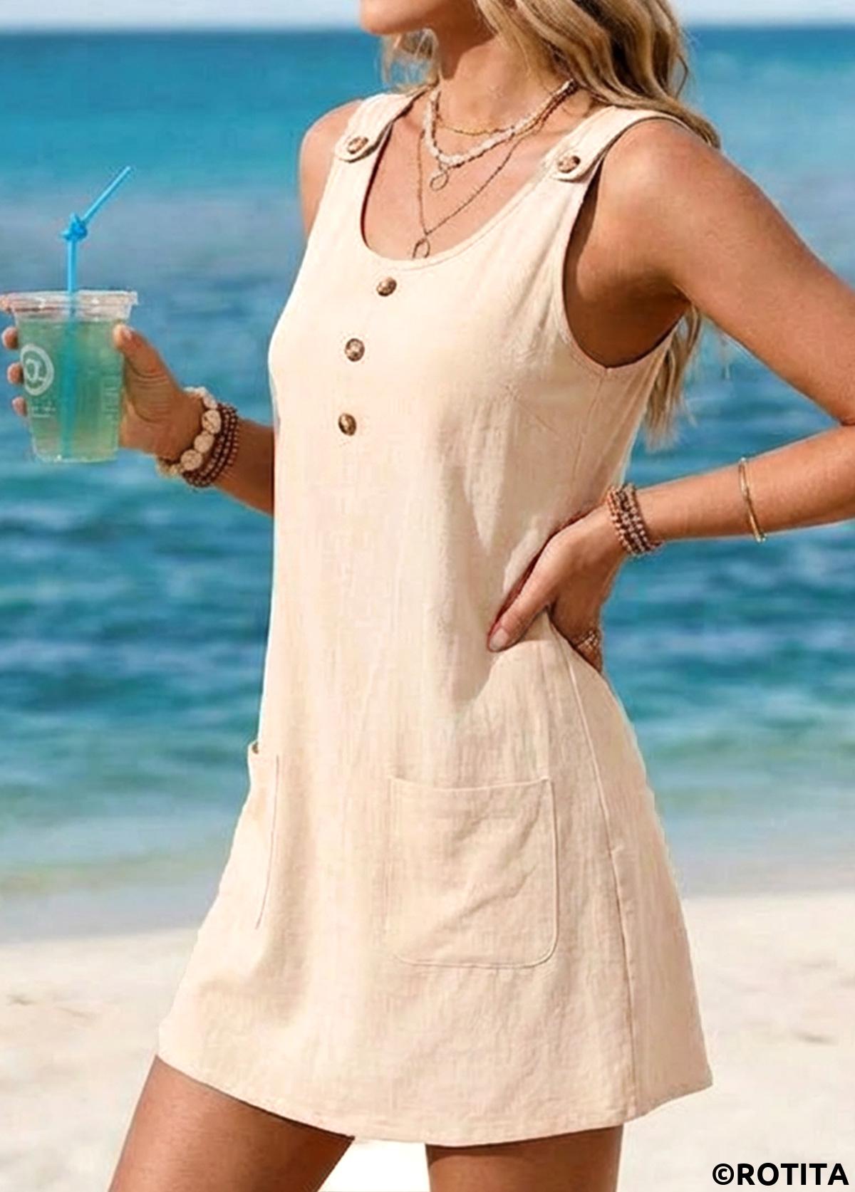 Beige dresses,Plain Color dresses,Everyday dresses,Casual dresses,ROTITA Patch Pocket Beige Short Round Neck Sleeveless Dress
