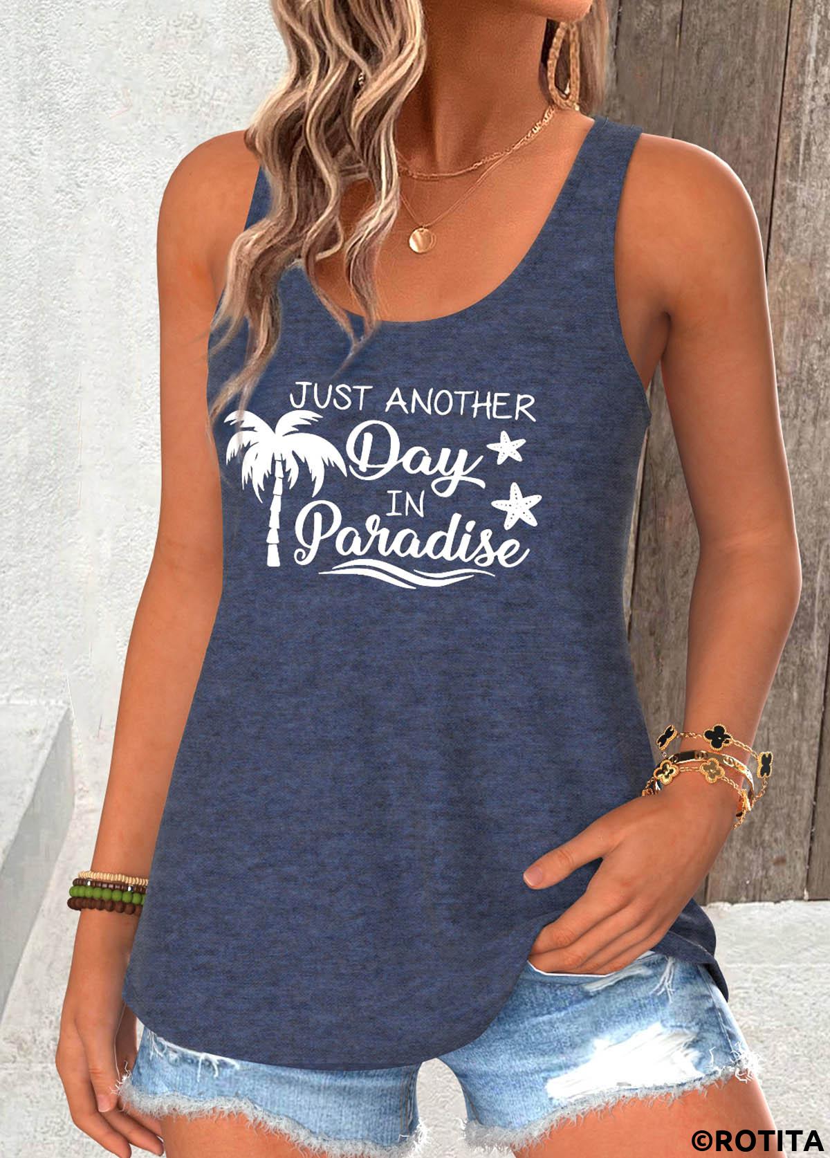Navy tops,Letter tops,ROTITA Slogan Print Navy Scoop Neck Sleeveless Tank Top