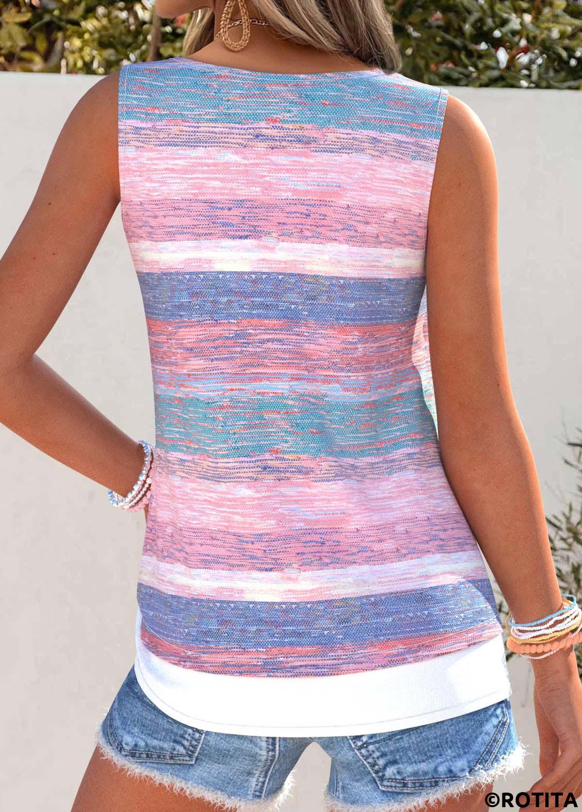 Pink tops,Striped tops,Geometric tops,ROTITA Tummy Coverage Striped Pink Scoop Neck Sleeveless Tank Top