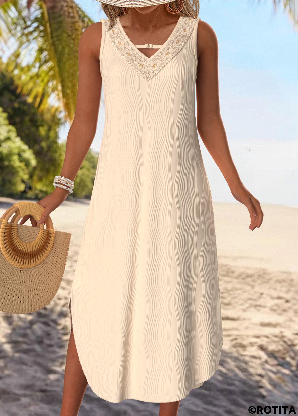 Beige dresses,Plain Color dresses,Vacation dresses,Vacation dresses,ROTITA Tummy Coverage Beige V Neck Sleeveless Dress