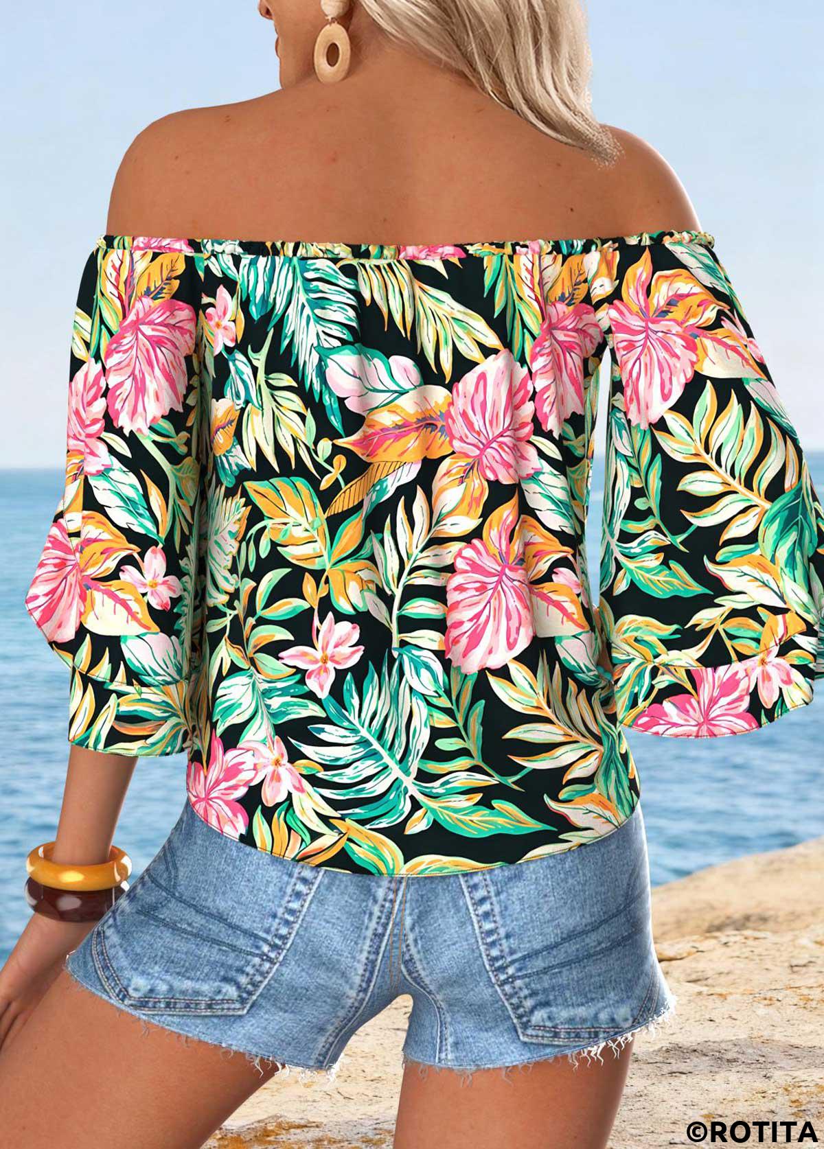 Multi Color tops,Plants tops,ROTITA Tummy Coverage Tropical Plants Print Multi Color Blouse