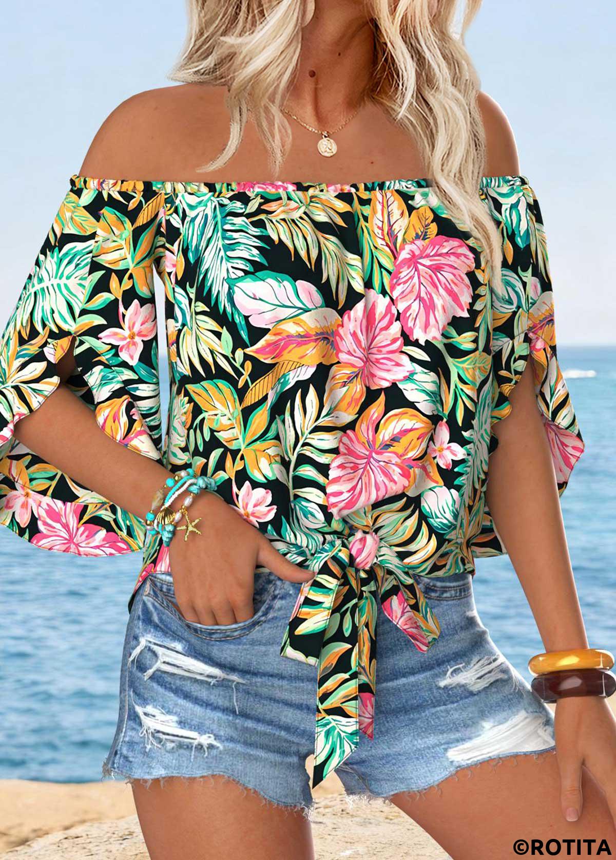 Multi Color tops,Plants tops,ROTITA Tummy Coverage Tropical Plants Print Multi Color Blouse