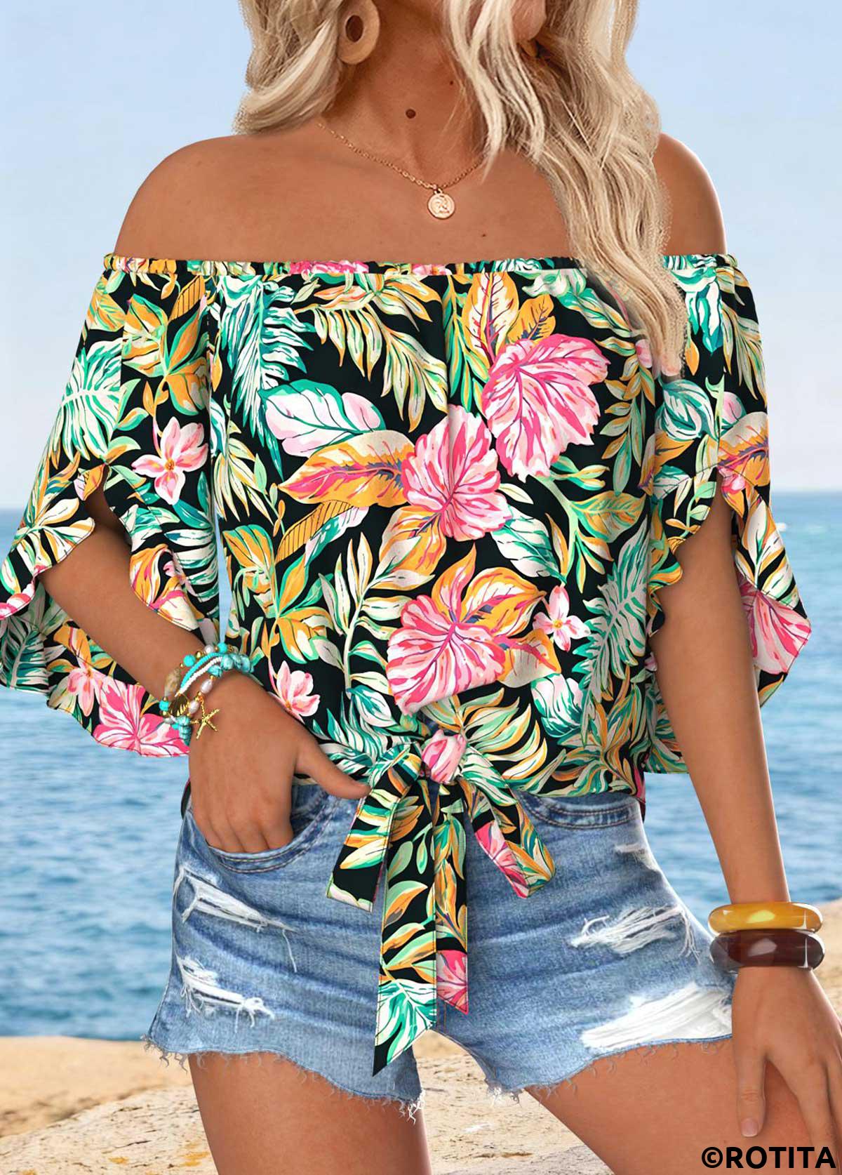 Multi Color tops,Plants tops,ROTITA Tummy Coverage Tropical Plants Print Multi Color Blouse