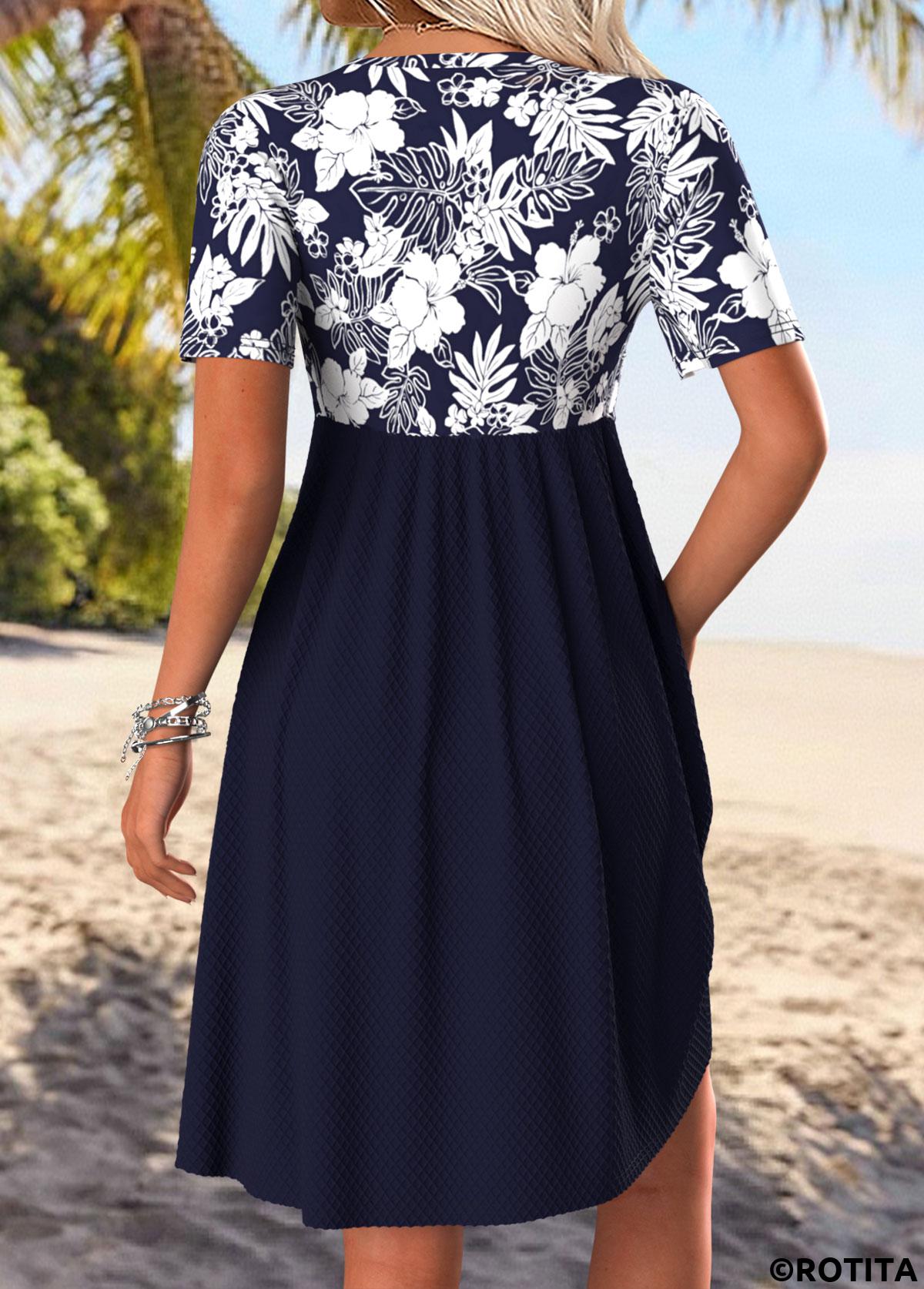 Navy dresses,Floral dresses,Plants dresses,Vacation dresses,Vacation dresses,ROTITA Tummy Coverage Floral Print Navy Short V Neck Dress