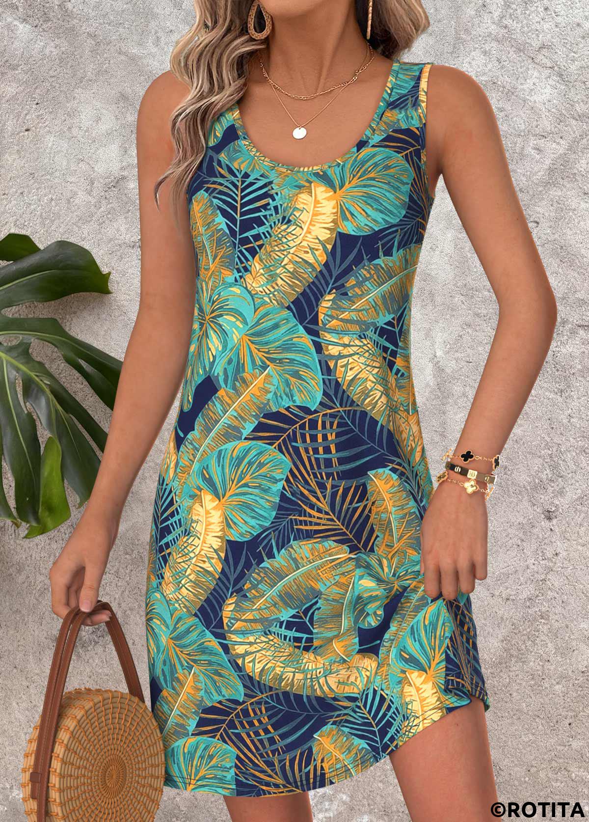 Multi Color dresses,Plants dresses,Vacation dresses,Vacation dresses,ROTITA Tummy Coverage Leaf Print Multi Color Short Sleeveless Dress