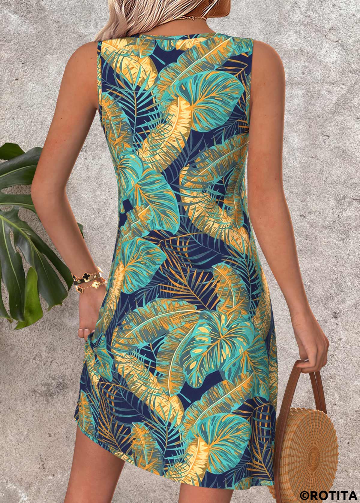 Multi Color dresses,Plants dresses,Vacation dresses,Vacation dresses,ROTITA Tummy Coverage Leaf Print Multi Color Short Sleeveless Dress