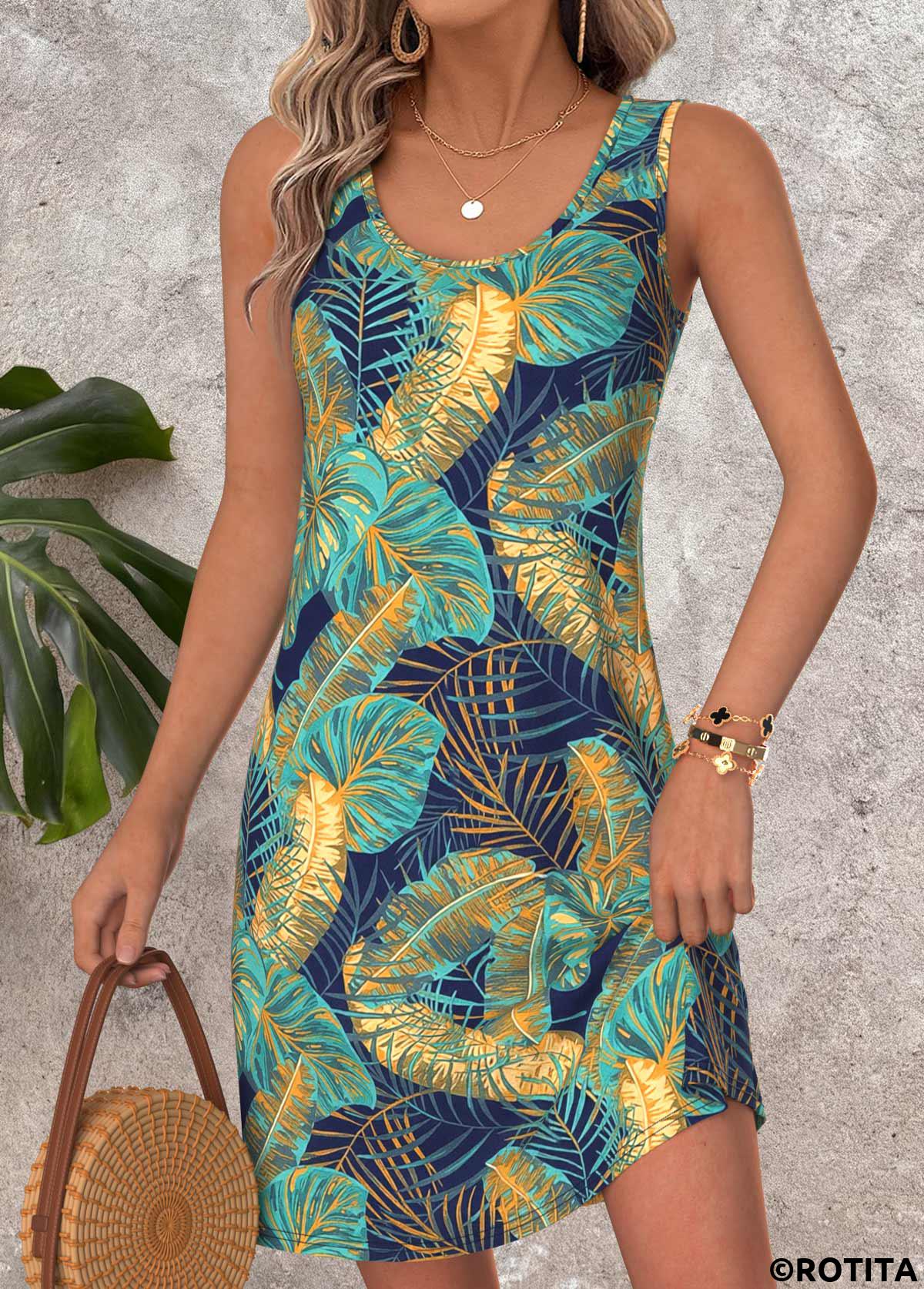 Multi Color dresses,Plants dresses,Vacation dresses,Vacation dresses,ROTITA Tummy Coverage Leaf Print Multi Color Short Sleeveless Dress