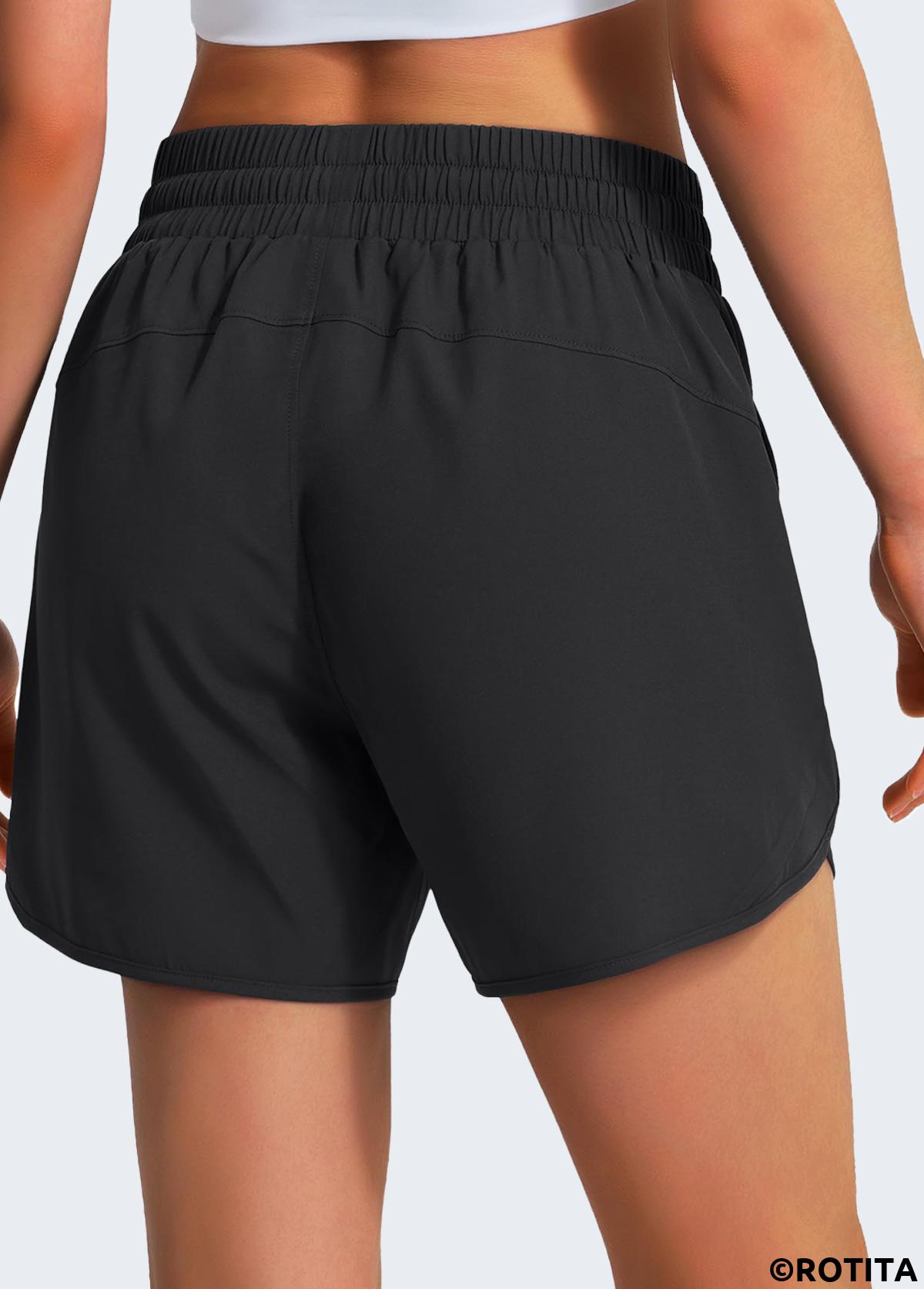 Black sportswear,Plain Color sportswear,ROTITA High Stretch Black Elastic Waist Sports Shorts