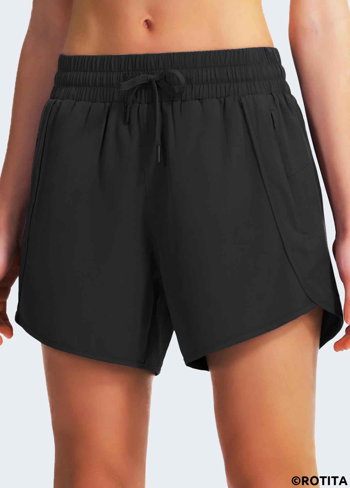 Black sportswear,Plain Color sportswear,ROTITA High Stretch Black Elastic Waist Sports Shorts