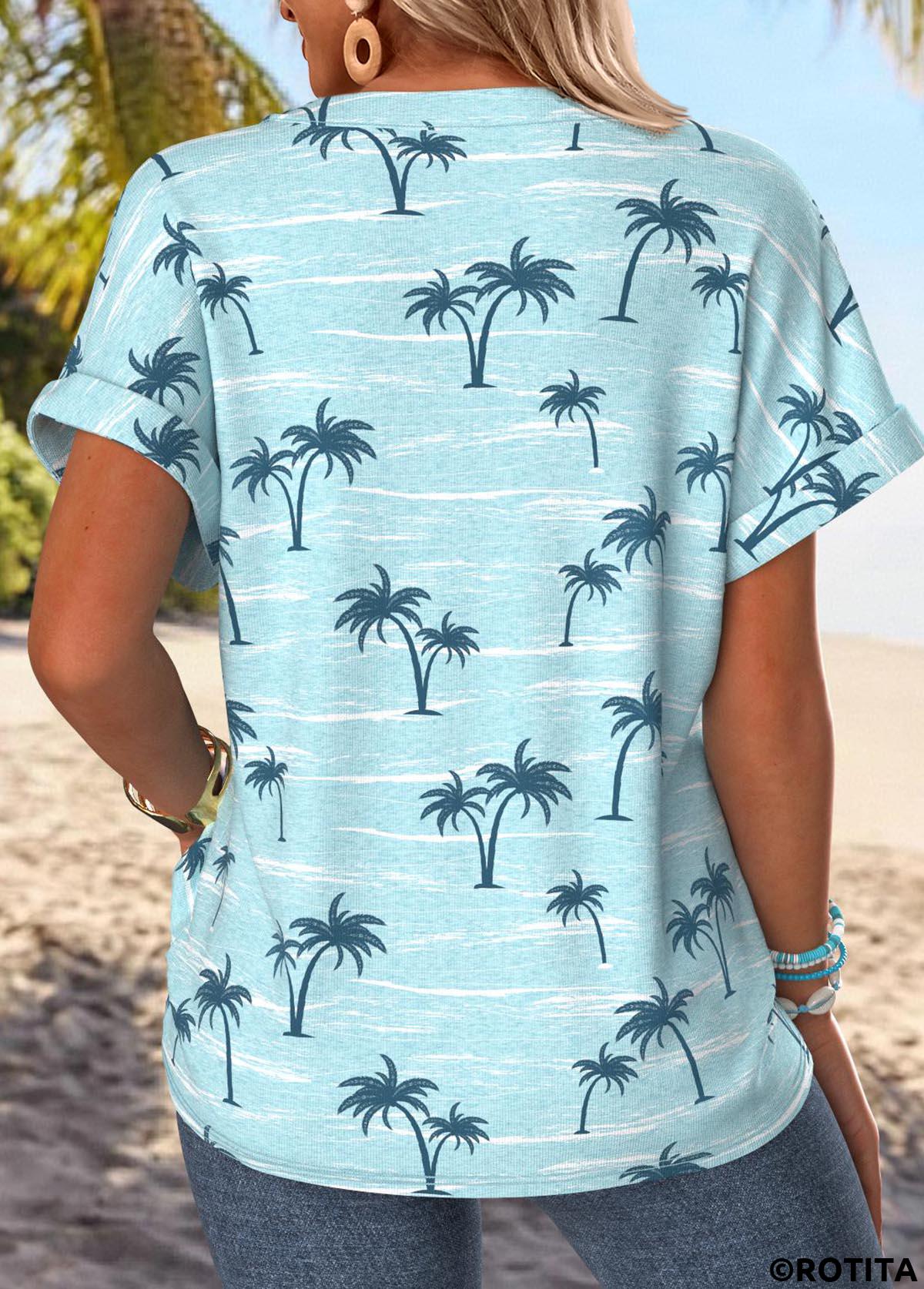 Blue tops,Plants tops,ROTITA Tropical Plants Print Blue V Neck T Shirt