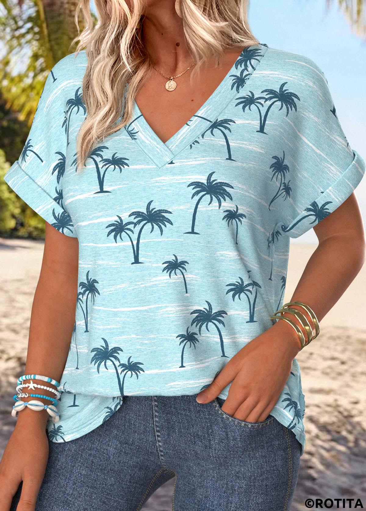 Blue tops,Plants tops,ROTITA Tropical Plants Print Blue V Neck T Shirt
