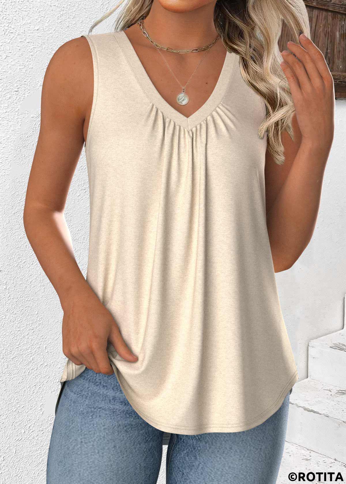 Beige tops,Plain Color tops,ROTITA Beige V Neck Sleeveless Tank Top