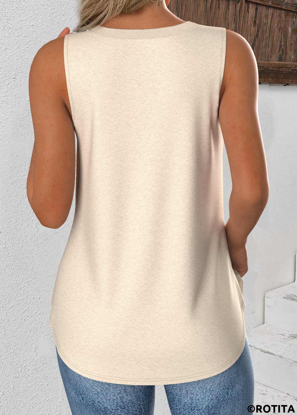 Beige tops,Plain Color tops,ROTITA Beige V Neck Sleeveless Tank Top