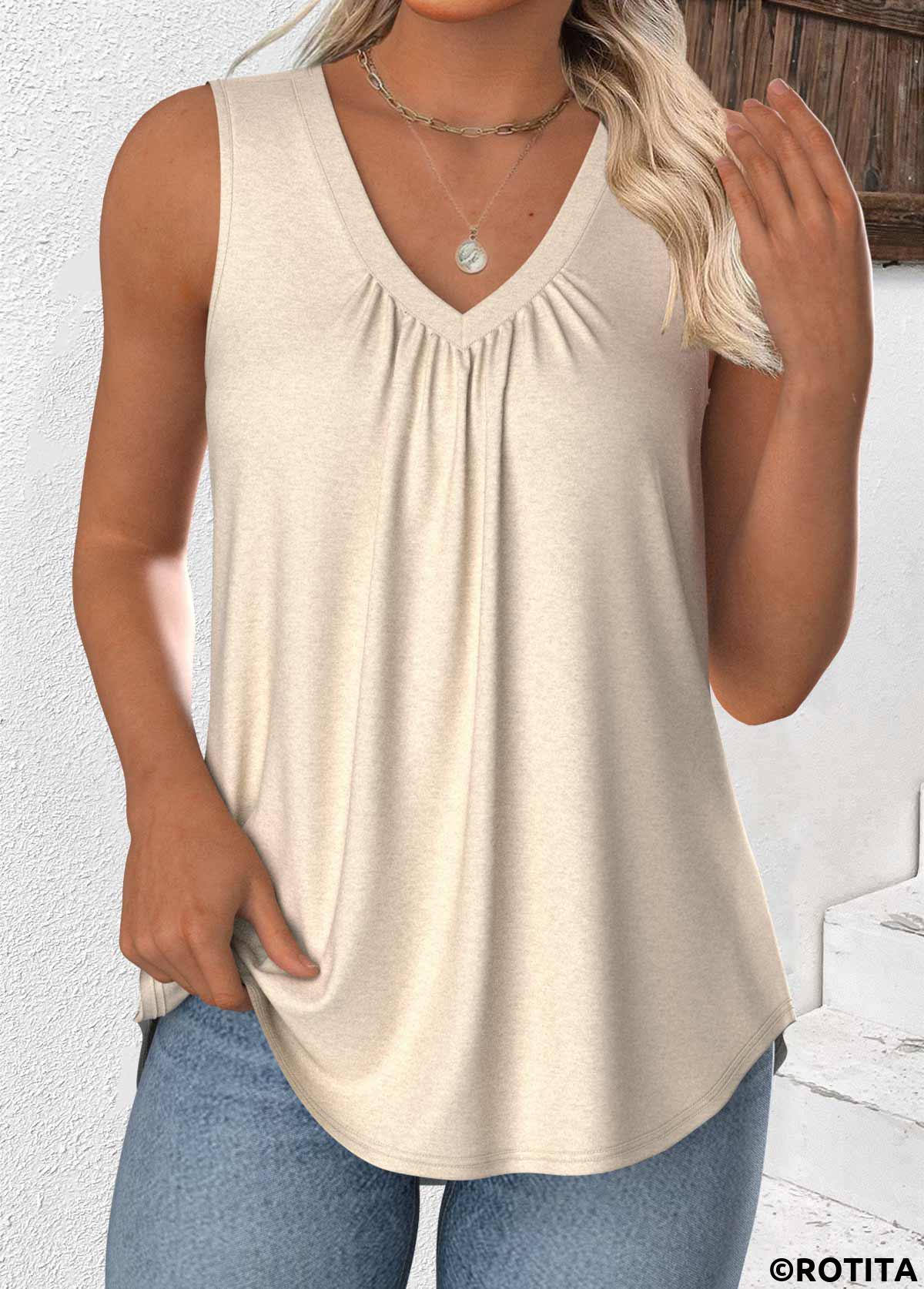 Beige tops,Plain Color tops,ROTITA Beige V Neck Sleeveless Tank Top