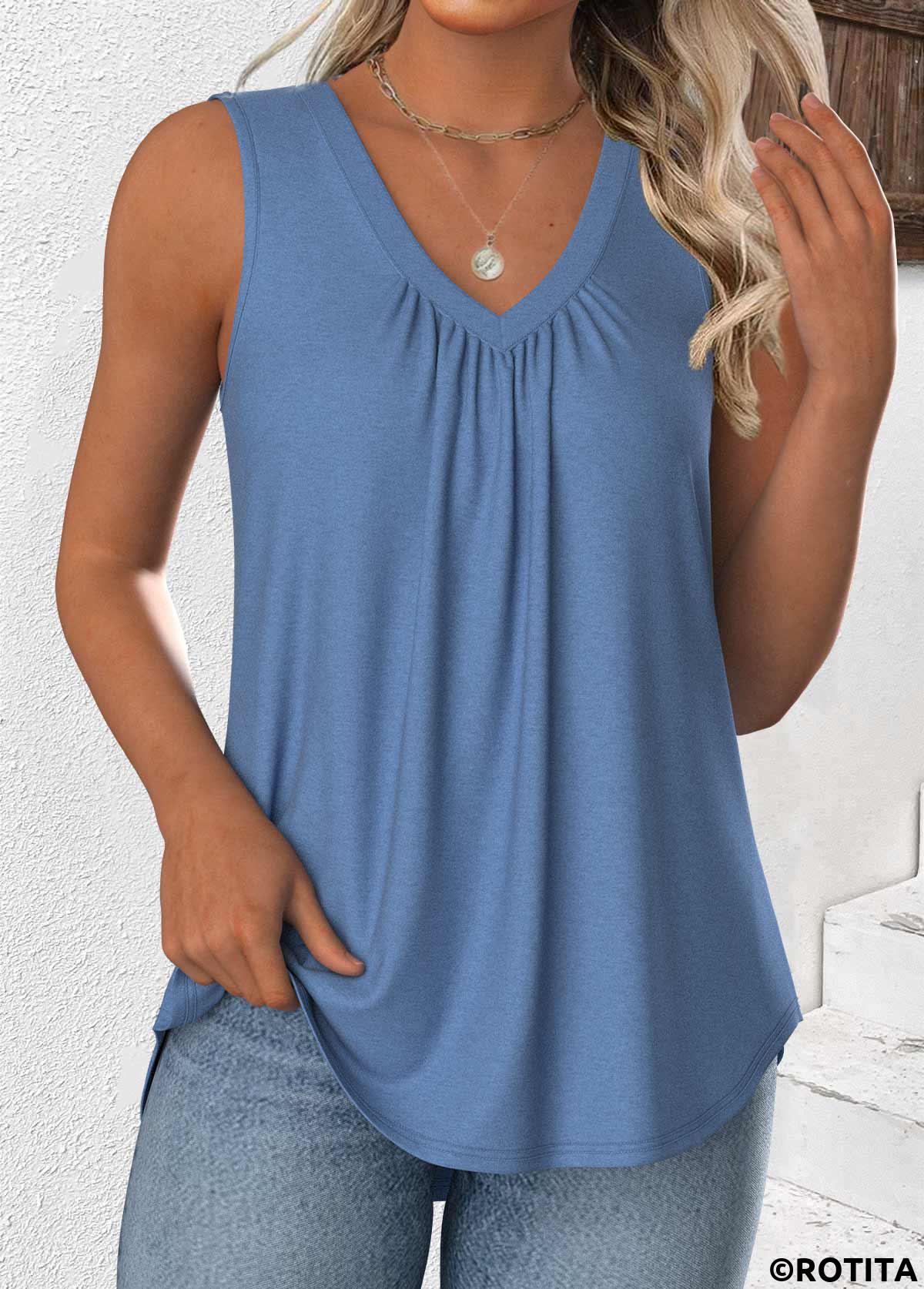 Dusty Blue tops,Plain Color tops,ROTITA Dusty Blue V Neck Sleeveless Tank Top