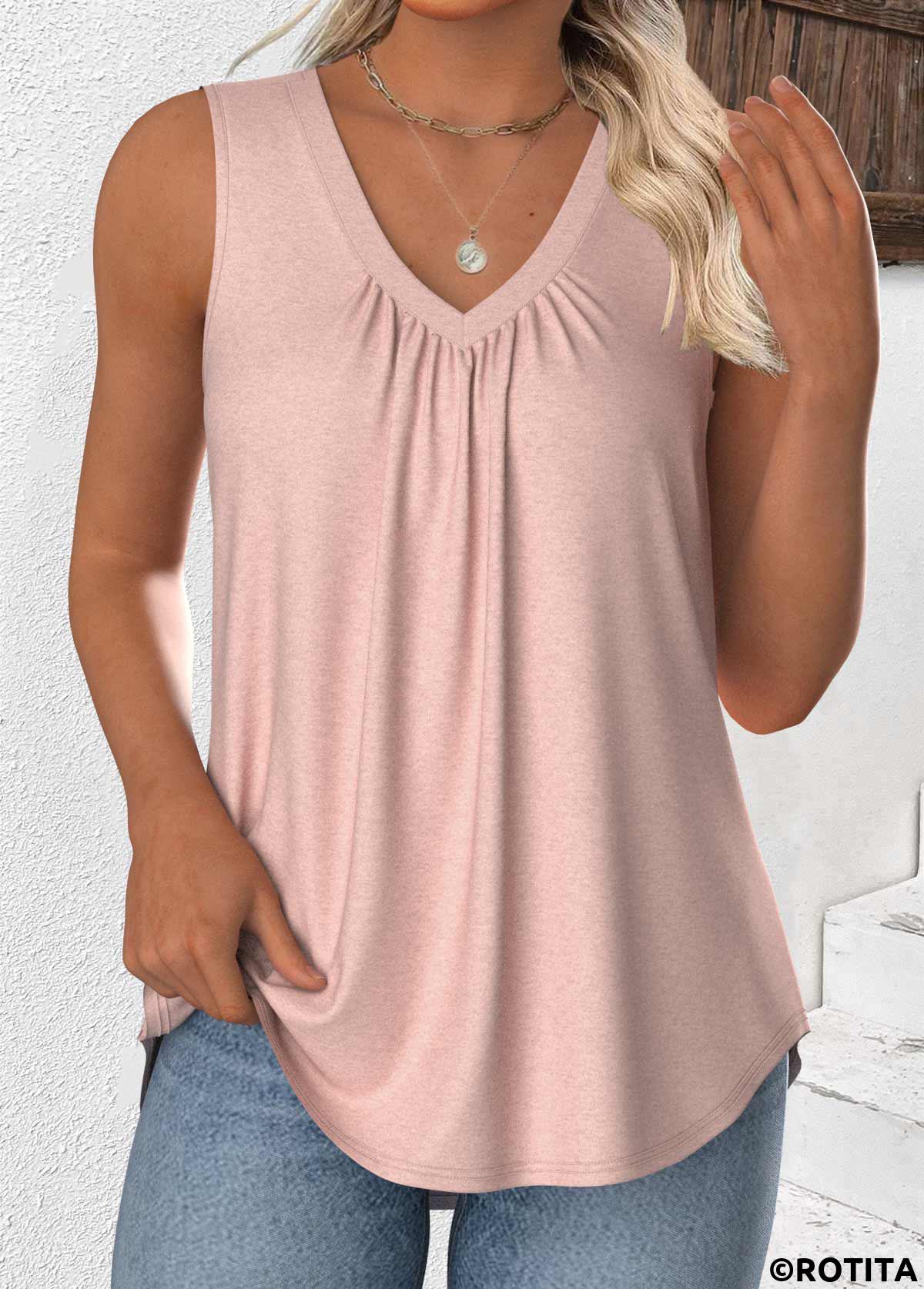 Dusty Pink tops,Plain Color tops,ROTITA Dusty Pink V Neck Sleeveless Tank Top