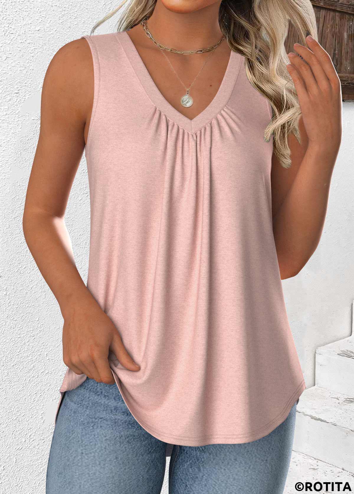 Dusty Pink tops,Plain Color tops,ROTITA Dusty Pink V Neck Sleeveless Tank Top