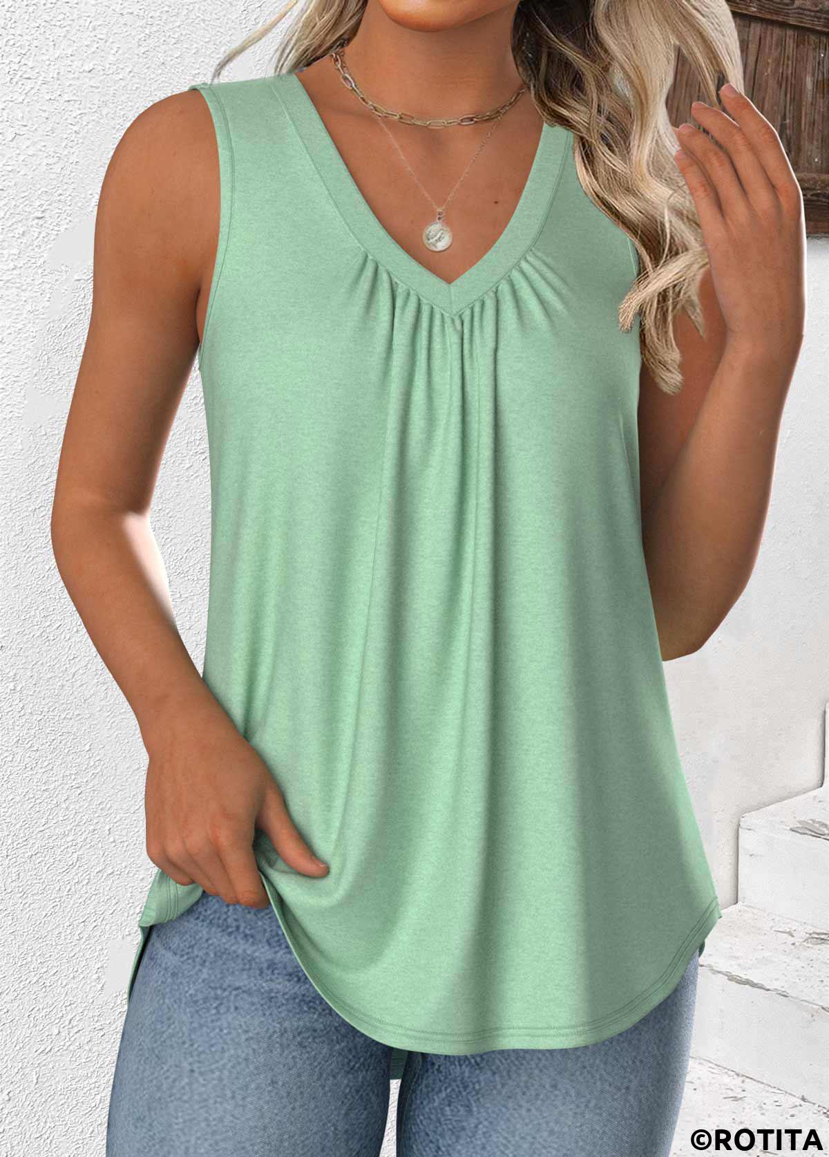Light Green tops,Plain Color tops,ROTITA Light Green V Neck Sleeveless Tank Top