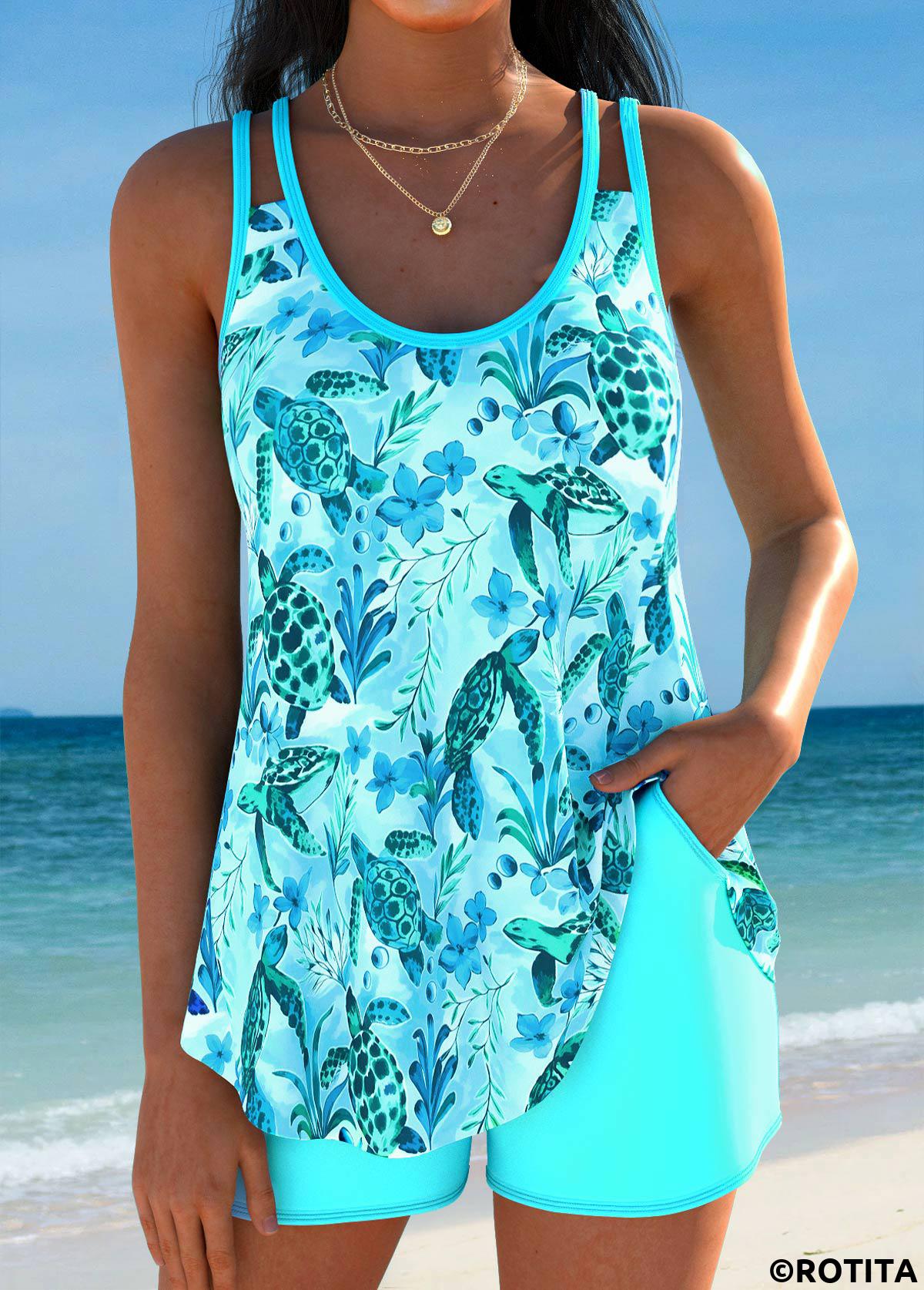 Light Blue swimwear,Animal Print swimwear,Plants swimwear,ROTITA Curved Hem Light Blue Ocean Print Tankini Set