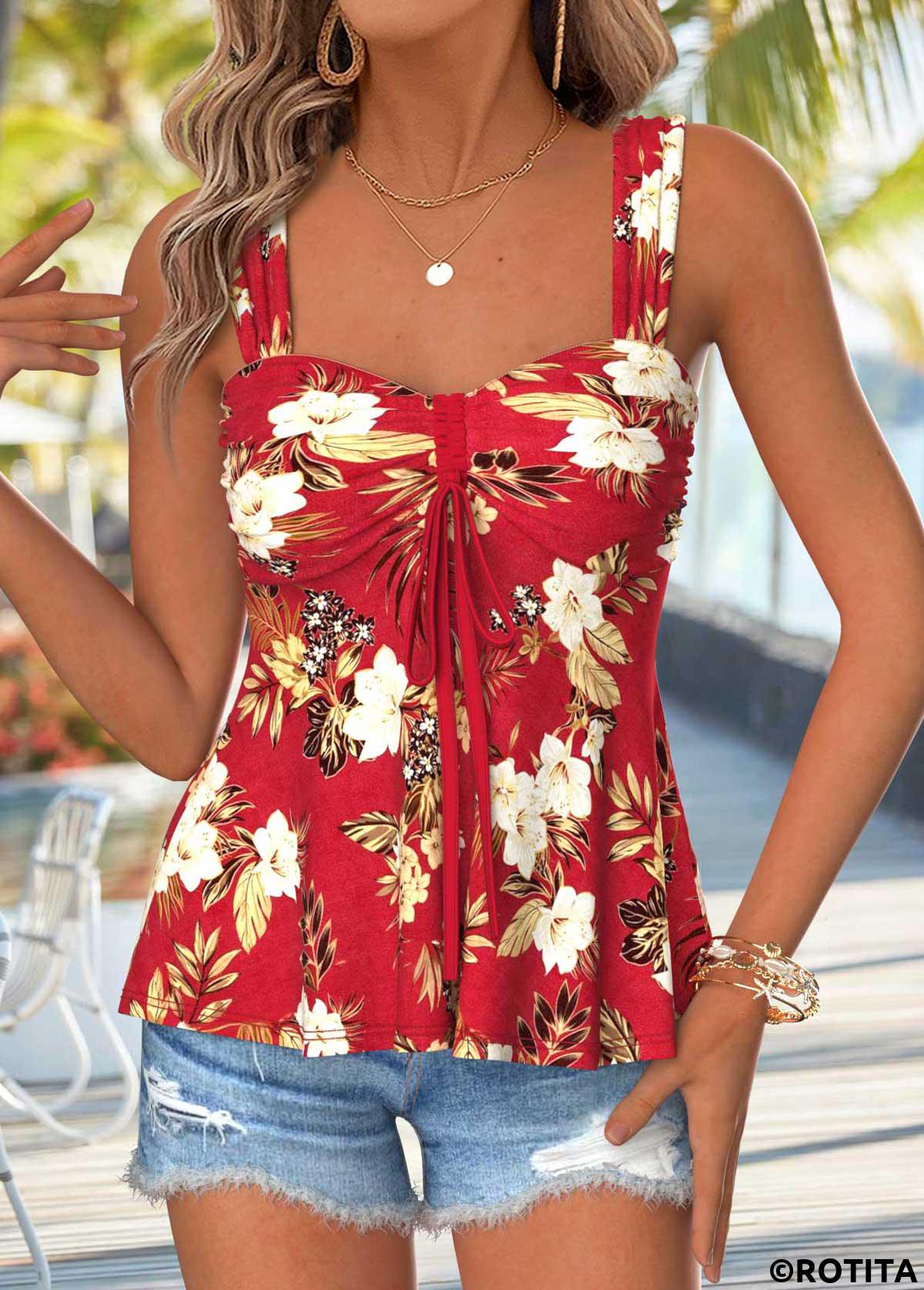 Red tops,Floral tops,Plants tops,ROTITA Peplum Floral Print Red Heart Collar Sleeveless Tank Top