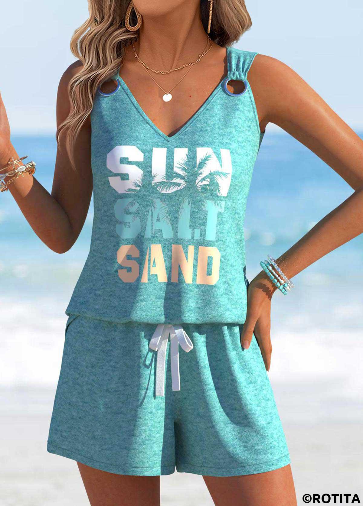 Mint Green tops,Letter tops,ROTITA Letter Print Mint Green Sleeveless Tank Top and Shorts