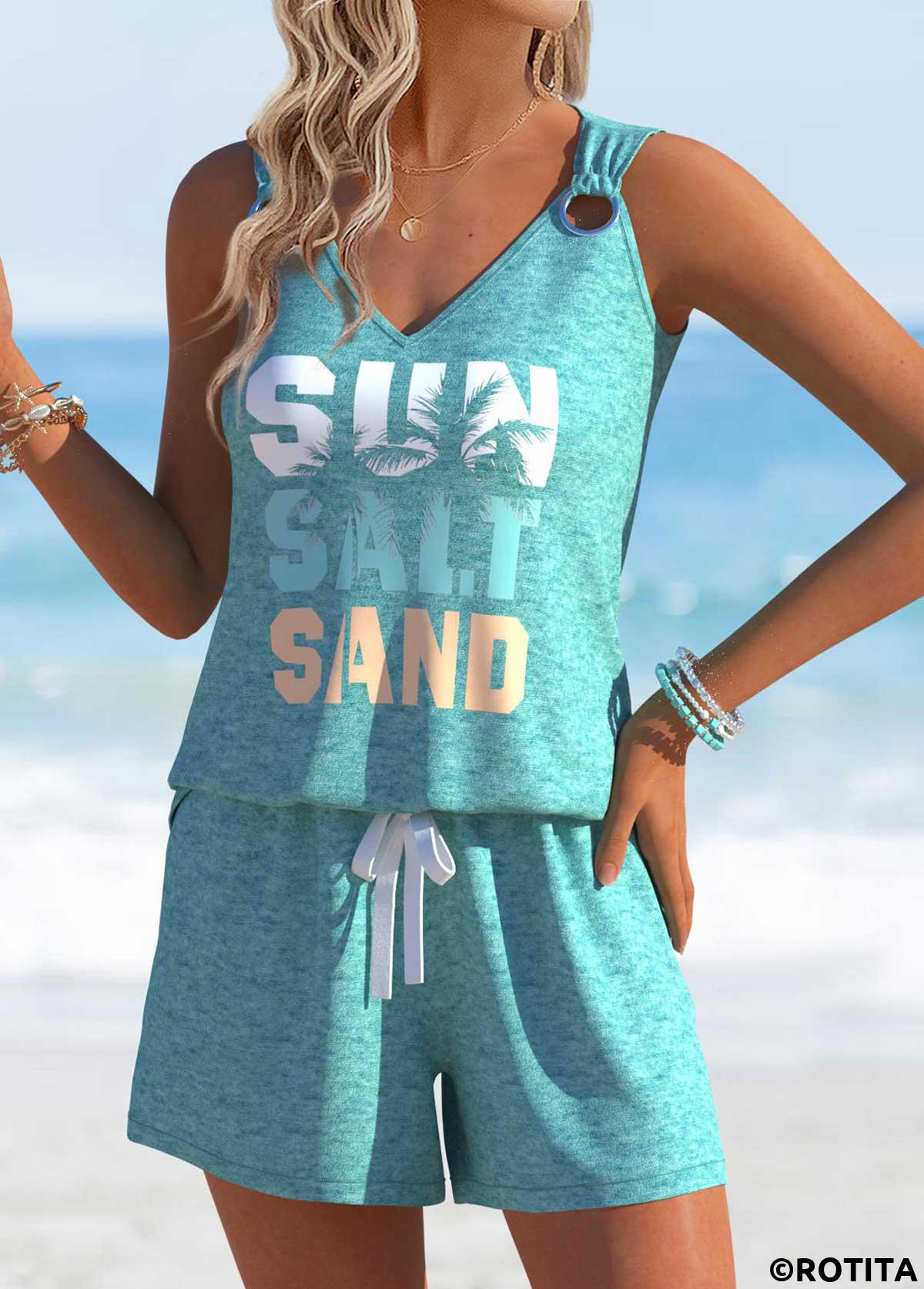 Mint Green tops,Letter tops,ROTITA Letter Print Mint Green Sleeveless Tank Top and Shorts