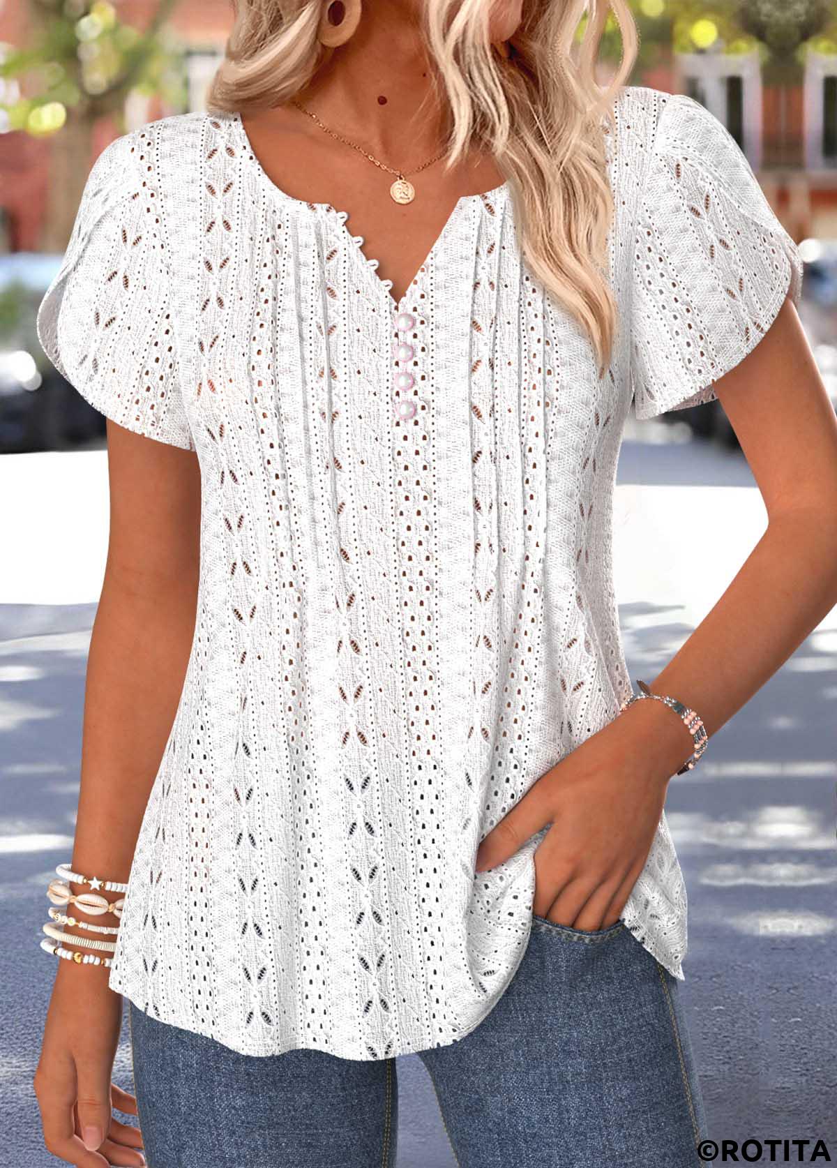 White tops,Plain Color tops,ROTITA Curved Hem White Split Neck Short Sleeve T Shirt