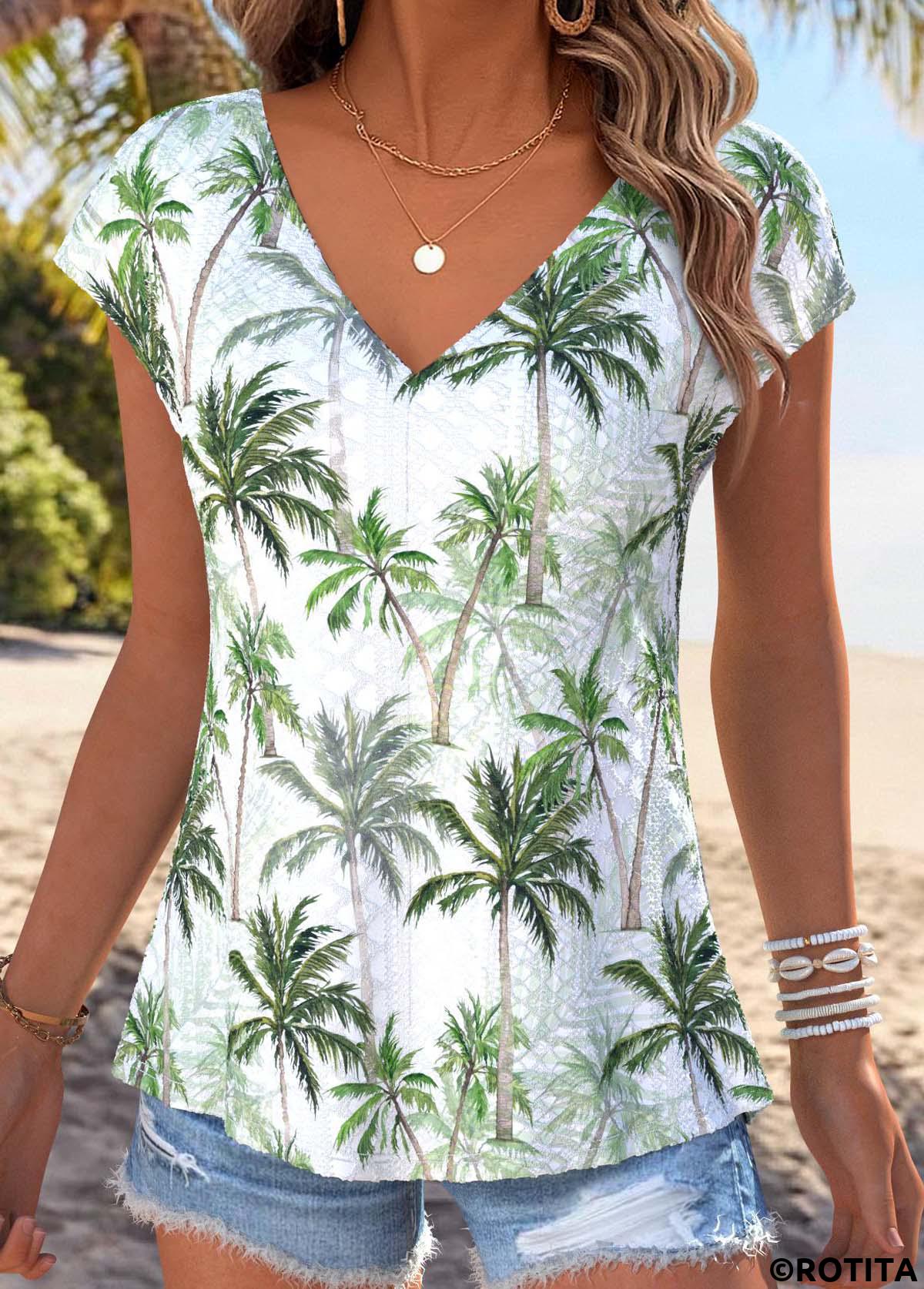 Light Green tops,Plants tops,ROTITA Tummy Coverage Tropical Plants Print Light Green T Shirt